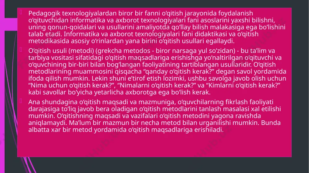 a musobaqa, raqobatchilik kayfiyatlarini rivojlantirish. shuning uchun interfaol usullardan foydalanib o‘qitish guruhlarida muvaffaqiyatli faoliyat ko‘rsatish uchun zarur bo‘lgan ikkita asosiy funksiyalar amalga oshirilishi lozim: - o‘qitishning pragmatik jihati qo‘yilgan o‘quv masalasini yechishlikning shartligi; - tarbiyaviy masalalarni yechish (hamkorlikdagi ish jarayonida guruh a’zolariga yordam ko‘rsatish, xulq-atvor normalarini shakllantirish). ushbu faktni alohida qayt etish lozimki, o‘qitishning barcha interfaol usullarini verbal (og‘zaki) va noverbal usullarga ajratish mumkin. verbal (og‘zaki)larga quyidagilar kiradi: 23 - vizual: u yuz ifodasi, gavdaning xolati, xarakatlar, ko‘zlar orqali aloqa. - akustik: u intonatsiya, ovoz balandligi, tembr, nutq tempi, tovush balandligi, nutqiy a’zolar va hakazo. verbal usullar orasida quyidagilarni ajratib ko‘rsatish mumkin: “ informatika va axborot texnologiyalari” fanining ma’ruza mashg‘ulotlarida zamonaviy pedagogik texnologiyalar va interfaol usullardan foydalanish uslubiyoti “informatika va axborot texnologiyalari” fanini o‘qitishda nazariy, amaliy va laboratoriya mashg‘ulotlari o‘tkaziladi. nazariy mashg‘ulotlar ma'ruza, hikoya, tushuntirish, yo‘riqnoma berish, namoyish, suhbat usullarida olib borilishi mumkin. ma'ruza - davomli vaqt ichida o‘qituvchi tomonidan …