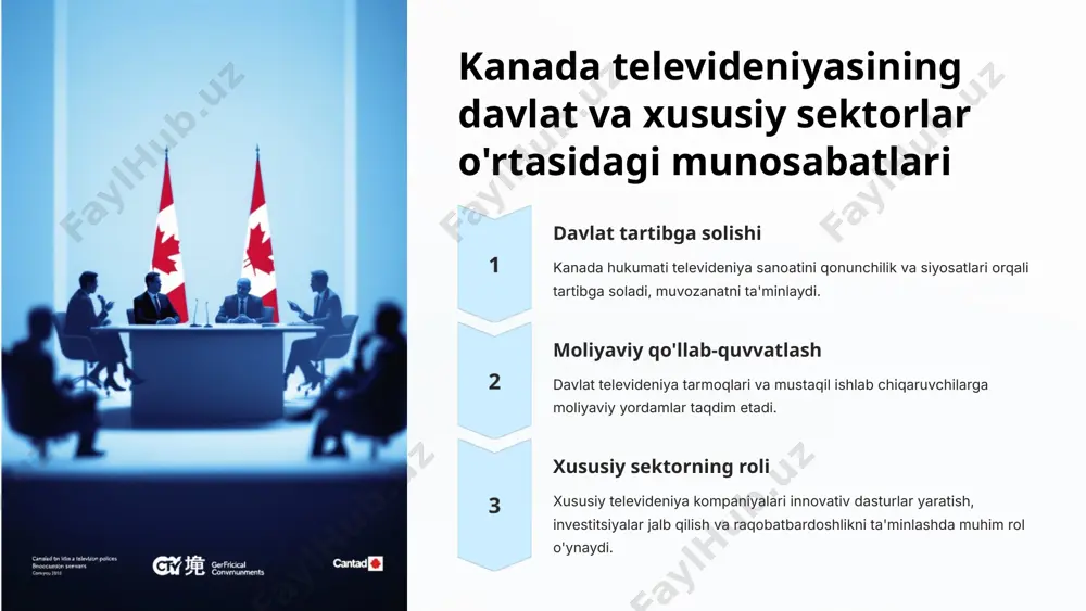 larni joriy etish orqali kengroq auditoriya va mazmunda xizmat ko'rsatishga qaratilgan. kasb-hunar rivojlanishi kanada televideniyasi sohasida faoliyat yurituvchi mutaxassislar malakasini oshirish, yangi kadrlar tayyorlash orqali kelajakda samarali va raqobatbardosh bo'lish rejalashtirmoqda. milliy qadriyatlar kanada televideniyasi yetakchilari mamlakatning milliy, madaniy va tilga oid xususiyatlarini saqlashga alohida e'tibor qaratmoqdalar. 11 foydalanilgan manbalar 1 kitoblar kanada televideniyasi tarixi va rivojlanishi bo'yicha turli kitoblar, monografiyalar va tadqiqot maqolalaridan foydalanildi. 2 elektron resurslar kanada televideniyasi bilan bog'liq rasmiy veb-saytlar, ilmiy jurnallar va media nashrlaridan ma'lumotlar olindi. 3 hukumat hujjatlari kanada hukumatining televideniya sohasidagi qonunlari, dasturlari va statistik ma'lumotlaridan foydalanildi. 4 media arxivlari kanada televideniyasining rivojlanish tarixi va hozirgi ahvoli bo'yicha radio, televiziya va matbuot arxivlari o'rganildi. 12 image1.png image2.png image3.png image4.png image5.png image6.png image7.png image8.png image9.png image10.png image11.png image12.png image13.png image14.png image15.png image16.png image17.png image18.png image19.png image20.png