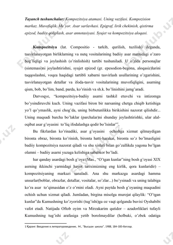 alabiga ko’ra asar to’qimasidan o’z o’rnini oladi. ayni paytda bosh g’oyaning maqsadini ochish uchun xizmat qiladi. jumladan, birgina misolga murojat qilaylik: “o’tgan kunlar”da kumushning ko’zyorishi (tug’ishi)ga oz vaqt qolganda buvisi oyshabibi vafot etadi. natijada oftob oyim va mirzakarim qutidor – azadorliklari tufayli kumushning tug’ishi arafasiga yetib borolmaydilar (holbuki, o’zbek odatiga binoan qizning birinchi tug’ishida onasi uning oldida bo’lishi kerak). bu holat - kumushning zaharlanishini (oftob oyim bo’lganida zaharlanish yuz bermagan bo’larmidi?) va halok bo’lishini asoslaydi. kumushning shu tarzdagi fojeasi esa xix asrning ikkinchi yarmidagi hayotni – eng kirlik, qora kunlar ekanligini (ko’rsatish orqali) isbotlaydi. kompozitsiya, bundan tashqari, tasvirdagi me’yor va muvofiqlikni ham yuzaga chiqaradi, sayozlikka, bayonchilikka, bayondagi ezmalikka, takrorga yo’l bermaydi. agar kompozitsiyaning bu talabiga rioya etmasa, “yozuvchi sayoz joyda cho’kadi” (a.muxtor), bayonchilikka yo’l qo’ysa – jurnalist, publisistga aylanadi, ezmalik qilsa – san’atining qusurini namoyish etadi, takrorlarga ko’plab yo’l qo’ysa-yozuvchilik qismatini oddiy hunarmand qismatiga aylantiradi, xalos. mana, ikkita isbot: “o’zbeknoma”dagi …
