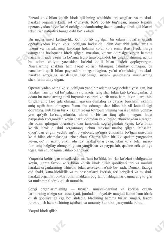 drok qilamiz, masalan, qo‘limizdagi tanga pulning shaklini, katta-kichikligini, holati¬ni bevosita teri sezgilari vositasi bilan bilamiz. teri sezgilari vositasi bilan biz, xususan ikki o‘lchovni uzunlik (masofa) va sirt o‘lchovlarini idrok qilishimiz mumkin, lekin narsalarning (hatto mayda narsalarning ham) shaklini, katta-kichikligini va fazodagi munosabatlarini yolg‘iz teri sezgilari vositasi bilan idrok qilganda to‘la aniqlikka erishib bo‘lmaydi. shu sababli ko‘pincha fazoni teri sezgilari vositasi bilan idrok qilish muskullar harakat vositasi bilan idrok qilish ila birgalikda o‘tadi. muskul- harakat organlarimiz vositasi bilan biz yirik va mayda obyektlarning (masalan, stol, xona, hovli va shu kabilarning) shaklini, katta- kichik- ligini, fazodagi munosabatlarini hamma uch o‘lchovda idrok qilishimiz mumkin. ko‘r odamlar (yoki ko‘r emaslar qorong‘i tushganda) narsa¬larning shaklini, masofani va fazodagi munosabatlarni ana shu yo'l bilan idrok qiladilar. mayda narsalarning shakli barmoq harakatlari (paypaslash) vositasi bilan idrok qilinadi. yirik narsalarning shaklini va masofani ko‘zimizni yumib yoki qorong‘ida idrok qilganimizda biz qo‘l harakat- larimizdan va qadamlab yurishdan foydalanamiz. ana …