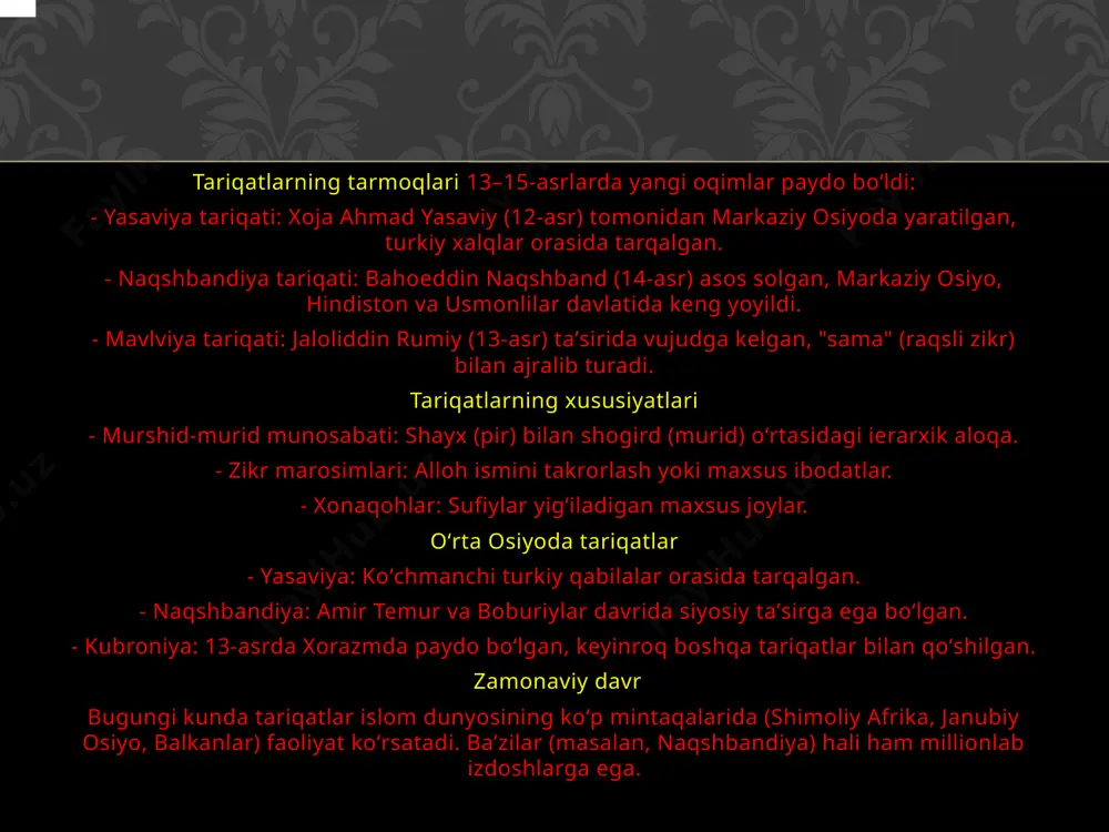 lohda doimiy bo‘lish) darajasiga yetkazishni maqsad qiladi. bu yo‘lda ilohiy ishq, mehr-oqibat, halollik va qanoat kabi fazilatlar targ‘ib qilinadi. ahmad yassaviyning “hikmat”larida bu g‘oyalar sodda va ta’sirli tilda bayon etilgan, bu esa xalq orasida tariqatning mashhur bo‘lishiga yordam bergan. yassaviya va boshqa tariqatlar yassaviya tariqati keyinchalik “naqshbandiya” va “bektoshiya” kabi boshqa yirik tariqatlarga ta’sir ko‘rsatgan. xususan, naqshbandiya tariqati yusuf hamadoniy va ahmad yassaviy ta’limotlari asosida shakllangan. shu bilan birga, yassaviya o‘zining baland ovozda zikr qilish amaliyoti bilan naqshbandiyaning “xufiya” (ichki, jim) zikridan farq qiladi. ahmad yassaviyning merosi ahmad yassaviy nafaqat tariqat asoschisi, balki turkiy xalqlar adabiyotidagi ilk yirik shoirlardan biridir. uning “devoni hikmat” asarida tasavvufiy g‘oyalar xalqona she’riyat uslubida ifodalangan. bu asar nafaqat diniy, balki axloqiy va ma’rifiy jihatdan ham boy manba hisoblanadi. yassaviy o‘zbek, qozoq, turkman va boshqa turkiy xalqlarning ma’naviy hayotida chuqur iz qoldirgan. jalvetiyya (yoki celvetiyya) tariqati – tasavvufdagi muhim yo‘nalishlardan biri bo‘lib, asosan usmonli imperiyasi hududida …