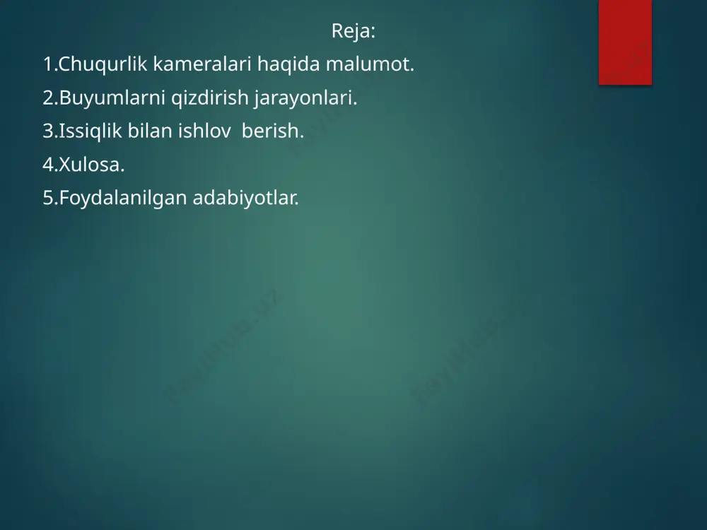 darajada saqlab turadi. bunday usulda qizish vaqtida bug’ kameraning boshlanish vaqtidagi harorati hisobga olmasdan beriladi. issiqlik bilan ishlov berishni avtomatik tartibga solib turish uchun issiqlik beruvchining harorati yoki kondensat haroratini kerakli darajada saqlaydigan moslamalar ishlatiladi.chuqursimon kameralarda avtomat tartibga solish haroratni kerakli darajada saqlovchi dasturiy moslamalar prte-2m(2.30-rasm) yoki erp-61 ishlatiladi. prte-2m regulyatorining ba’zi asosiy ko’rsatkichlari quyidagilardan iboratdir haroratni o’zgartirish oralig’i- 0-100 °s; haroratni ko’rsatish aniqligi ±2,5%; sezuvchanligi– 0,5°s dan kam emas; eng ko’p tartibga solish vaqti– 24 soat; ishlash quvvati– 30 vt. regulyatorda kerakli harorat rejimiga qarab tayyorlanadigan bo’ladi. buyumga bug’ni ma’lum bosimda berib, haroratni kerakli darajada ushlab turib ishlov beriladi. umumiy bug’ magistraliga bevosita ishlovchi klapan o’rnatiladi. harorat rejimi o’zgarishi hollarini ma’lum qilish uchun 397 signalizator qo’yiladi. bosim pasayganda signalizator regulyatorni elektr quvvatidan uzib qo’yadi va bir vaqtning o’zida kamera ishlamay turgan vaqtini hisobga oluvchi o’lchagich ishga tushadi. har bir bug’lash chuquridagi harorat o’zgarish rejimi elektron ko’prik diagrammasiga yoziladi. chuqur …