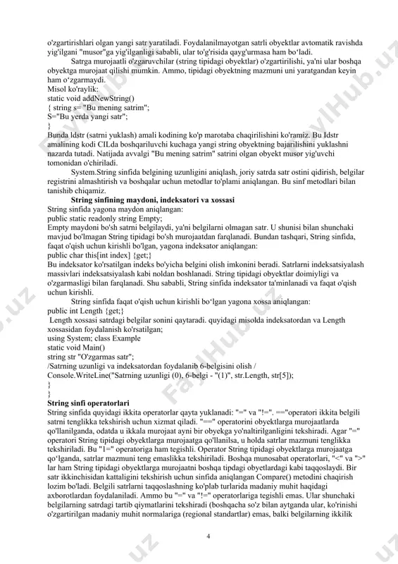 nda kiritiladi. kiruvchi va chiquvchi parametrlar faqat double tipida bo’ladi. masalan, math.tan(3.141592653589793) ifoda 0 ni qaytaradi. math.tanh() - burchakning giperbolik tangensini hisoblaydi. math.tau - math sinfiga tegishli uchinchi field, o'zgarmas tau sonining qiymati 6,283185307179586 ni qaytaradi. math.truncate() - bu metod ham sonning butun qismini hisoblaydi. haqiqiy (double, decimal) tiplarda ishlaydi. musbat sonlarda math.floor() bilan bir xil ishlaydi. lekin ularning farqi manfiy sonlarda namoyon bo’ladi. -3.14 ning butun qismini olib ko’radigan bo’lsak, math.truncate(-3.14) ifoda -3 ni, math.floor(-3.14) ifoda esa -4 ni qaytaradi. matematik tomondan butun qism olish uchun math.floor() to’la mos keladi, lekin shuni unutmangki, math.truncate() ni ham o’z o’rni bor. keling, yuqoridagi metodlarni qanday ishlashini kodda yana bir bor ko'rish uchun biror ifodani kodda yozib ko'ramiz. aytaylik, a soni kiritilganda quyidagi ifodaning qiymatini hisoblashimiz kerak: ifoda yechim quyidagicha bo'ladi: using system; namespace ifoda { class program { static void main(string[] args) { console.write("a="); double a = double.parse(console.readline()); double b = …