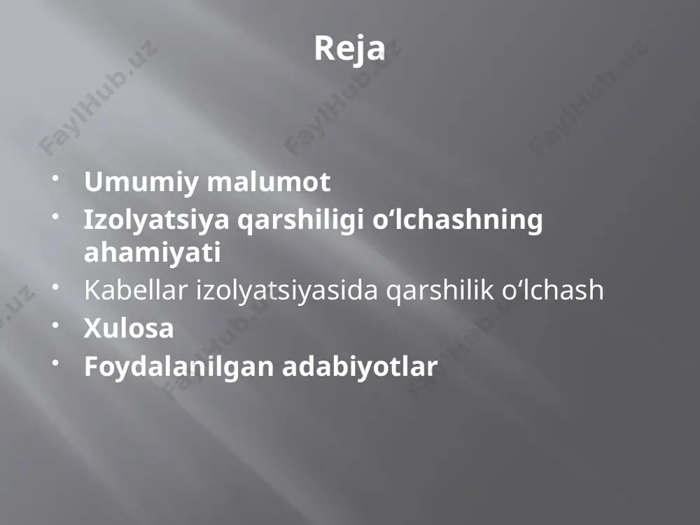 yib, qisqa tutashuv (kz) oqimiga aylanadi, shu bilan birga izolyatsiya qarshiligi nolga yaqinlashadi. izolyatsiya qarshiligi qiymati har bir kabel simi uchun juft-juft qilib o‘lchanadi: - ikki simli kabel uchun — bitta o‘lchov; - uch simli kabel uchun — uchta o‘lchov; - to‘rt simli kabel uchun — olti o‘lchov; - besh simli kabel uchun — o‘n o‘lchov. o‘lchangan qiymatlar har bir kabel bo‘yicha elektro-laboratoriya muhandislari tomonidan qog‘ozga yoki o‘lchov asbobining xotirasiga yozib olinadi. keyinchalik bu ma'lumotlar izolyatsiya qarshiligi o‘lchovlari protokoli natijalari jadvaliga kiritiladi. agar qarshilik minimal ruxsat etilgan qiymatlardan past bo‘lsa, bu haqda protokolning xulosasida va texnik hisobotning nuqsonlar ro‘yxatida ma'lumot beriladi. bunday kabel liniyasini ta'mirlash yoki almashtirish zarur. qog‘ozli izolyatsiyaga ega kabellar uchun yuqori kuchlanishli sinovlar:2-10 kv kuchlanishli qog‘ozli izolyatsiyaga ega kabellarda, yuqori kuchlanishli sinovlar vaqtida ular nominal kuchlanishning 6 baravar yuqori bo‘lgan uzluksiz to‘g‘ri tok kuchlanishiga duchor bo‘ladi. misol uchun, 6 kv kuchlanishli kabel 36 kv kuchlanish bilan sinovdan …
