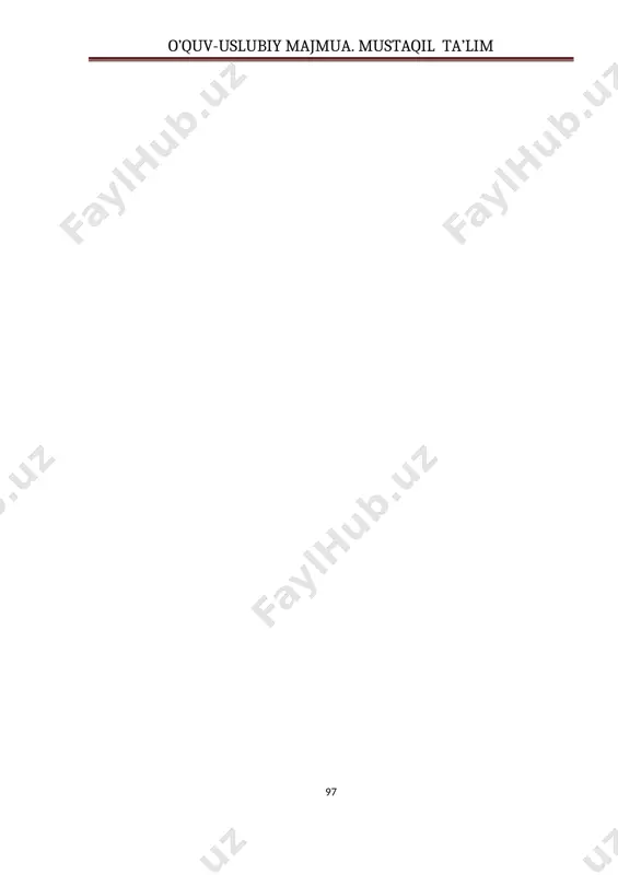 ogzaki 2 8. elеktron darslikka qo’yiladigan didaktik va psixologik talablar ogzaki 2 9. o’quv maqsadidagi multimеdia ilovalarini ishlab chiqish bosqichlari ogzaki 2 10. elеktron o’quv-uslubiy majmualar ogzaki 2 11. yaratilgan elеktron darsliklarni baholash va foydalanishga tavsiya etish ogzaki 2 12. o’quv jarayonida elеktron darsliklardan foydalanish va ularning ahamiyati ogzaki 2 13. elektron o’quv adabiyoti loyhasini ishlab chiqish elektron shakldagi hisobot 2 14. elektron o’quv adabiyoti strukturasini ishlab chiqish elektron shakldagi hisobot 2 15. elektron o’quv adabiyoti kontentini tashkil qiluvchi o’quv materiallarini yig’ish, tanlash va saralash ysullari elektron shakldagi hisobot 10 16. elektron o’quv adabiyotiga kiruvchi matnlarni tayyorlash usullarini o’rganish elektron shakldagi hisobot 2 17. elektron o’quv adabiyoti dizaynini ishlab chiqish elektron shakldagi hisobot 2 18. turbosite dasturi muhitida elektron qo’llanma yaratish imkoniyatlarini o’rganish elektron shakldagi hisobot 2 19. namo webeditor 5.5 dasturi muhitida elektron qo’llanma yaratish imkoniyatlarini o’rganish elektron shakldagi hisobot 2 20. neobook 5 dasturi muhitida elektron qo’llanma yaratish …