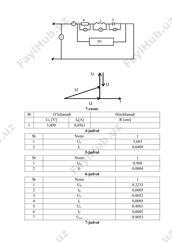 ini tekshirish . sinusoidal o‘zgaruvchan tokni hosil qili sh va ketma - ket ulangan zanjirni tekshirish. ( 1 - qism ) tajribadan maqsad: · o’zgaruvchan tok zanjirida aktiv qarshilik r, induktivlik l va sig’im c, ulab kuchlanishlar qanday taqsimlanishini tekshirib ko’rish. · o’lchashdan olingan ma’lumotlar bo’yicha ketma - ket zanjir uchun tok va kuchlanishlarning vektor diagrammasini qurishni o’rganish. · zanjirning parametrlariga qarab tok va kuchlanishlar turli faza siljis h burchaklariga ega bo’lishni ossellograf yordamida qurib, ishonch hosil qilish va quvvat koeffitsiyentini aniqlash. jihozlar ro’yxati: soni № nomi 3 1334 ampermetr 3 1334 voltmetr 1 1280 vattmetr 1 57732 rezistor 1 725852 o’zgaruvchan tok manbasi 1 57902 iinduktivlik 1 57816 sig’im ampermetr va voltmeter o’rniga ishlatsa bo’ladigan asbobl ar: 6 a1334 gooen metrawatt nazariy ma’lumot: o’zgaruvchan tok zanjiriga faqat aktiv qarshilik ulansa zanjirdan oqayotgan tok bilan kuchlanishning vektor yo’nalishlari mos bo’lib, ular orasidagi faza siljish burchagi = 0 0 . o’zgar …