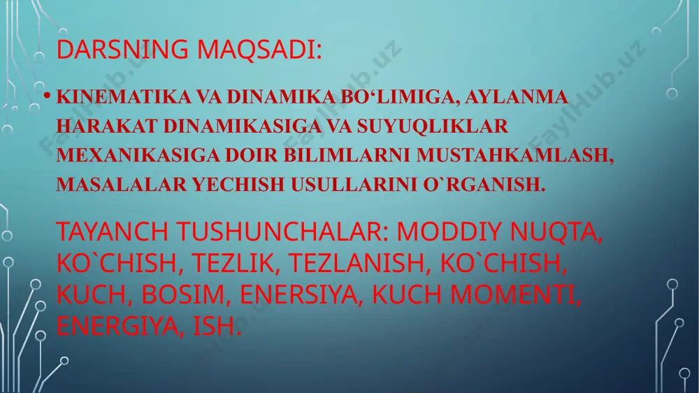 ning suvga nisbatan tezligi 10 m/s, daryo suvning qirg’oqqa nisbatan tezligi 1,5 m/s. katerning oqim bo’ylab va oqimga qarshi suzgandagi tezliklarini toping. 5. massasi 2 t bo’lgan avtomobil yo’lning to’g’ri qismida arqon yoydamida 0.5 m/s2 tezlanish bilan tortib ketilmoqda. avtomobilga tezlanish berayotgan kuchni aniqlang. 6. jism 8 n kuch ta’sirida 2 tezlanish bilanharakatlanmoqda. jismning massasini aniqlang. masala yechish namunalari uyga vazifa: etiboringiz uchun raxmat image2.png image3.png image4.png image5.png image6.png image7.png image8.png image9.png image10.png image11.png image12.png image13.png image14.png image15.png image16.png image17.png image18.png image19.png image20.png image21.png image22.png image23.png /docprops/thumbnail.jpeg
