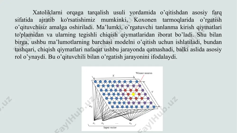 i bo’lishi mumkin. koxonen neyron tarmog’i ushbu kompaniyalarni ko’proq yoki kamroq ishonchli kontragentlar guruhlariga ajratishda yordam berishi mumkin. buning asosida ma’lum bir tashkilot bilan birgalikdagi faoliyatning maqsadga muvofiqligi to’g’risida qaror qabul qilinishi mumkin. tuzilish jihatdan tarmoq bitta kirish va bitta chiqish qatlamidan iborat bo'lib, kirish qatlamining barcha neyronlari chiqish qatlamining har bir neyroniga ulangan: kirish neyronlari soni obyektlarning alomatlari soniga, chiqish neyronlari soni esa klasterlar soniga teng bo’ladi. tarmoq “g’olib hammasiga egalik qiladi” tamoyili bo’yicha ishlaydi, ya’ni eng katta chiqish signali birga va qolgan barcha chiqishlar nolga aylantiriladi. shunday qilib, biron bir obyektning alomatlarini kirish sifatida taqdim etish orqali biz chiqishda bir qator nol qiymatlarni olamiz va faqat bitta neyron birga teng qiymatga ega bo’ladi. bu obyekt ushbu klasterga tayinlanganligini bildiradi. bunda kirish sifatida taqdim etiladigan obyektlarni vektorlar sifatida, uning koordinatalarini esa alomatlarning qiymatlari sifatida hisoblash maqsadga muvofiq bo’ladi: shuningdek, chiqish elementlarini ham vektorlar sifatida qarash mumkin, ularning koordinatalari kirish …