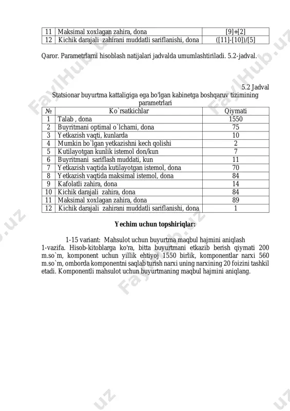 llik ehtiyoj 1550 birlik, komponentlar narxi 560 m.so`m, omborda komponentni saqlab turish narxi uning narxining 20 foizini tashkil etadi. komponentli mahsulot uchun buyurtmaning maqbul hajmini aniqlang.