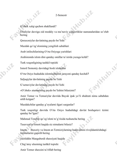 o'zbekiston tarixi 2-semestr sa — DOCX