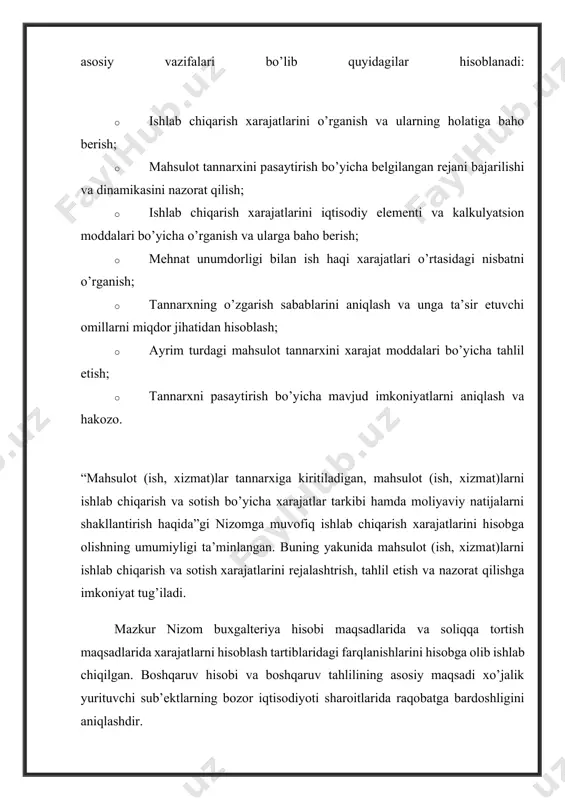 gan, lekin xo’jalik sub’ektining soliqqa tortiladigan bazasiga qo’shiladigan xarajat moddalari berilgan. ikkinchi ilovada xarajatlar amalga oshirilishi paytida soliqqa tortiladigan bazadan chegirilmaydigan, lekin keyingi davrlarda chegiriladigan xarajatlar ro’yxati berilgan (vaqt bo’yicha farqlanishlar). uchinchi ilovada foydasi emas, daromadi soliqqa tortilayotgan korxonalar uchun qo’shimcha chegirilmaydigan xarajatlar ro’yxati berilgan. bugungi kunda xo’jalik yurituvchi sub’ektlarning mahsulotlari tannarxini tahlil qilishda boshqaruv tahlilining asosiy axborot manbalari bo’lib quyidagilar hisoblanadi: · xo’jalik sub’ektlarining biznes reja ma’lumotlari; · 5-s “korxona sarf-xarajatlari to’g’risida”gi hisoboti ma’lumotlari; · 1-t “mehnat hisoboti” ma’lumotlari; · buxgalteriya hisobining ishlab chiqarish xarajatlarini hisobga olib boruvchi schyot ma’lumotlari va boshqa turdagi qo’shimcha ma’lumotlar. 2. xarajatlarni turkumlash: ishlab chiqarish va noishlab chiqarish xarajatlari, «o’zgaruvchan» va «o’zgarmas» xarajatlar mahsulot (ish, xizmat)larni ishlab chiqarish tannarxi ishlab chiqarish yoki qayta ishlash jarayonida ishlatilgan tabiiy resurslar, xom-ashyo, materiallar, yoqilg’i, energiya, asosiy vositalar (amortizatsiya), mehnat rusurslari va boshqa ishlab chiqarish bilan bog’liq xarajatlarining qiymat ko’rinishini ifoda etadi. mahsulotning ishlab chiqarish tannarxiga ishlab chiqarishni …