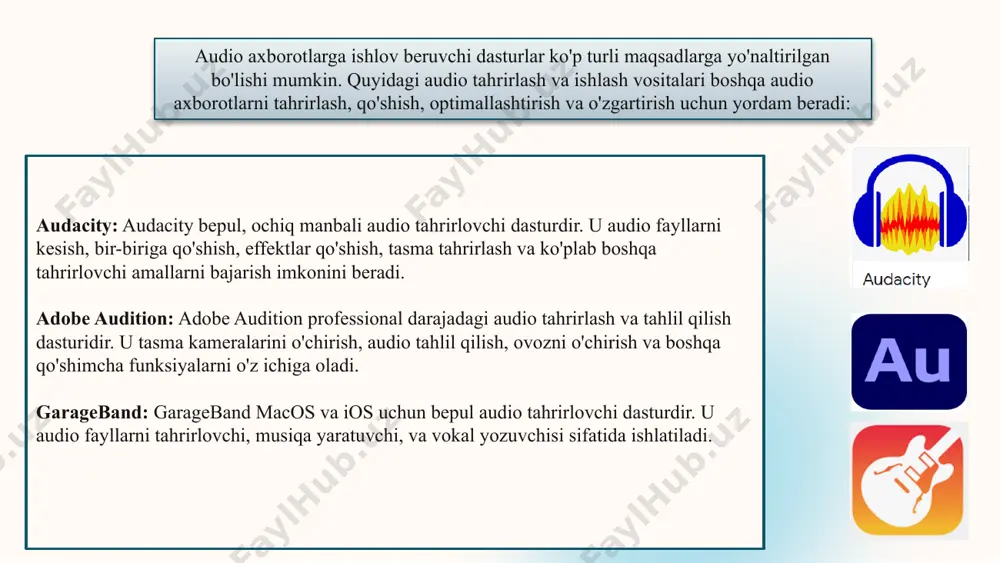 htworks bepul video tahrirlovchi dasturdir. u kross-platforma va professional darajadagi video tahrirlovchilari uchun mo'ljallangan. camtasia: camtasia video tahrirlovchi va ekran qaydlov dasturidir. u video darslar, ilova ko'rsatmalarini yaratish va ilovani tahrir qilish uchun qulaydir. adobe after effects: adobe after effects video effektlar va animatsiyalarni yaratish uchun mo'ljallangan dasturdir. u video tahrirlovchi dasturlar bilan birgalikda ishlatiladi. kinemaster: kinemaster android va ios uchun bepul va pullik versiyalarda mavjud bo'lgan videolarni montaj qilish va tahrir qilish uchun mo'ljallangan ilovadir. dasturlardan qaysi birini ishlatishni tanlash, o'z maqsadlaringiz va kerakli funksiyalarga qarab qanday video tahrirlashni bajarishni o'rganishingizga bog'liq. image1.png image3.png image4.png image5.png image6.png image7.png image8.png image9.png image10.png image11.png image12.png image13.png image14.jpeg image15.jpeg image16.jpeg image17.jpeg image18.jpeg image19.jpeg image20.jpeg image21.png image22.png