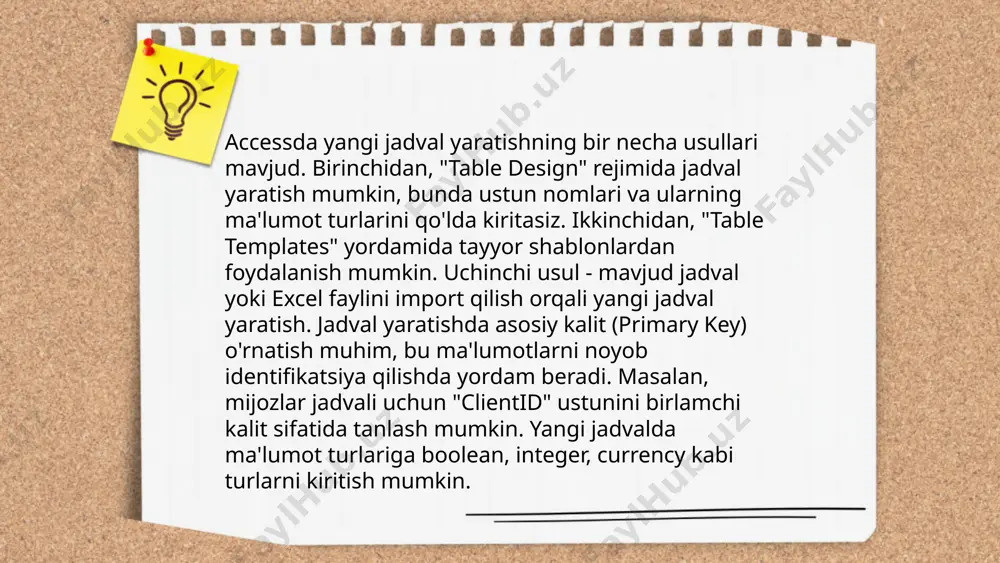 lumotlar bazasi 2 gb hajmgacha bo'lishi mumkin, lekin har bir jadvalda 255 tagacha ustun mavjud. jadvalni yangilab, ma'lumotlarni saqlashni unutmang. shu orqali access jadvalingizdagi yozuvlarni optimallashtiring. ... t.me/slaydai_bot ma'lumotlarni filtrlash va saralash uchun accessda bir nechta qulay vositalar mavjud. filtrlash funksiyasi ma'lumotlarni aniq talablar bo'yicha cheklash imkonini beradi, masalan, 'butun son' yoki 'sanalar' kabi. shuningdek, "saralash" funksiyasi orqali ma'lumotlarni o'sish yoki kamayish tartibida tartiblash mumkin. accessda "filtr" va "saralash" vazifalari tez va oson amalga oshiriladi, foydalanuvchilar uchun maxsus interfeys orqali mavjud. ma'lumotlarni maxsus mezonlarga ko'ra filtrlash uchun "query" vositasi foydalaniladi. ushbu vositalar yordamida katta hajmli ma'lumotlar bazalarini samarali boshqarish va ulardan kerakli ma'lumotlarni tezda olish mumkin. ... t.me/slaydai_bot "accessda jadval ma'lumotlarini import qilish" mavzusi haqida: microsoft access yordamida ma'lumotlarni import qilishda turli formatdagi fayllardan (masalan, excel, csv, yoki boshqa ma'lumot bazalari) ma'lumotlarni access jadvaliga olib kirish mumkin. import jarayonida "external data" menyusidan foydalanasiz. excel fayllarini import qilganda, sahifani tanlab, ustun …