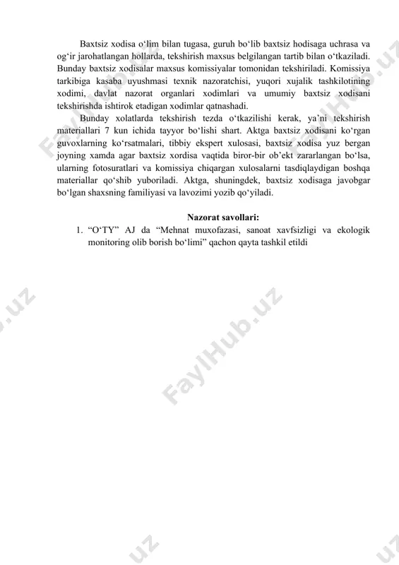 sxasi kasaba uyushmasi qumitasiga, uchinchisi tegishli kasaba uyushmasining texnik nazoratchisiga va to‘rtinchisi mexnatni muhofaza qilish bo‘limiga nazorat o‘rnatish uchun yuboriladi. ma’muriyat baxtsiz xodisaga uchragan kishiga aktning tasdiqlangan nusxasini berishi shart. baxtsiz xodisaning asoratlari keyinchalik ham kelib chiqishini hisobga olib, aktlar 45 yilgacha saqlanishi kerak. baxtsiz xodisa tekshirilgandan keyin sanoat korxonasi ma’muriyati yo‘l qo‘yilgan xatolarning qaytarilmasligini ta’minlashga qaratilgan buyruq e’lon qiladi. bu buyruqda korxonada yuz bergan baxtsiz hodisaning kelib chiqishiga aybdor bo‘lgan kishilarning javobgarligi aniqlanib, ta’kidlanadi. baxtsiz xodisa o‘lim bilan tugasa, guruh bo‘lib baxtsiz hodisaga uchrasa va og‘ir jarohatlangan hollarda, tekshirish maxsus belgilangan tartib bilan o‘tkaziladi. bunday baxtsiz xodisalar maxsus komissiyalar tomonidan tekshiriladi. komissiya tarkibiga kasaba uyushmasi texnik nazoratchisi, yuqori xujalik tashkilotining xodimi, davlat nazorat organlari xodimlari va umumiy baxtsiz xodisani tekshirishda ishtirok etadigan xodimlar qatnashadi. bunday xolatlarda tekshirish tezda o‘tkazilishi kerak, ya’ni tekshirish materiallari 7 kun ichida tayyor bo‘lishi shart. aktga baxtsiz xodisani ko‘rgan guvoxlarning ko‘rsatmalari, tibbiy ekspert xulosasi, baxtsiz …