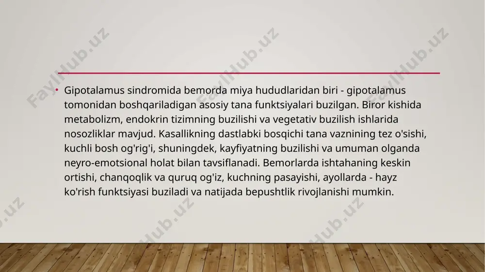 oshlar bilan almashtiriladi. bemorning uyqusi buziladi, kunning istalgan vaqtida qon bosimi ko'tarilishi / kamayishi mumkin, qo'llari patologik ravishda titraydi, terlash kuchayadi.ayollarda hayz ko'rish funktsiyasi buziladi, u rivojlanadi. kasallikning tipik belgilari miyadagi xavhi o'smalar;spirtli ichimliklar, toksik moddalar, giyohvand moddalar ta'siridan kelib chiqqan neyrointoksikatsiya;gipotalamusga zarar etkazgan turli darajadagi kraniokerebral travma;qon tomir tizimida topilgan va servikal o'murtqa insult yoki osteoxondrozga olib keladigan patologik jarayonlar;surunkali kasalliklar, gipertenziya, bronxial astma, oshqozon yarasi;homiladorlik, shuningdek, ayolning tanasida yuzaga kelgan gormonal o'zgarishlar; ruhiy yoki ruhiy stress, stress yoki zarba;revmatizm, gripp, bezgak, surunkali tonzillit kabi infektsiyalar;patologiyaning rivojlanishida gipotalamus mintaqasida qon tomir o'tkazuvchanligining yuqori darajasi muhim rol o'ynaydi, chunki bu miyaning ushbu sohasiga toksinlar va viruslarning kirib borishiga ta'sir qiladi. gipotalamus sindromining belgilari gipotalamus sindromi belgilarining klinik ko'rinishi juda xilma-xil va polimorfik bo'lib, u ko'p sonli doimiy yoki vaqtinchalik buzilishlarda o'zini namoyon qilishi mumkin. avvalo, quyidagi kasalliklar bilan namoyon bo'lishi mumkin bo'lgan metabolik kasalliklarni ta'kidlash kerak:diabet insipidus (quruq og'iz, poliuriya, …
