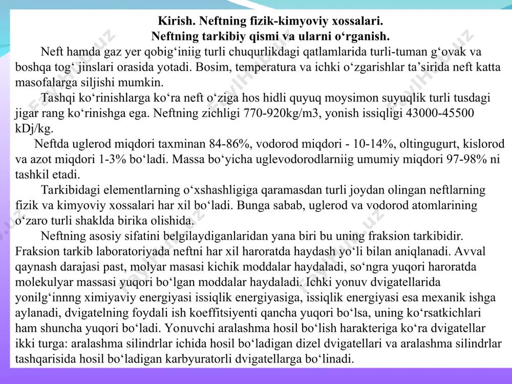 asi bilan meyorlanadi. u qancha past bo‘lsa, yonilg‘ining tarkibi va uning xossalari shuncha bir-biriga yaqin bo‘ladi, hamda dvigatel shuncha turg‘un ishlaydi. 90% qaynash nuqtasidan to qaynab bug‘lanishning oxirigacha og‘ir uglevo-dorodlar bug‘lanadi (egri chiziqning pastki qismi). bu nuqtalar orasidagi temperaturalar farqi qancha kam bo‘lsa, yonilg‘ining sifati, uning tejamligi shuncha ko‘p bo‘ladi va dvigatellar shuncha kam yeyiladi. yonilg‘ida og‘ir uglevo-dorodlarning bo‘lishi maqsadga muvofiq emas, chunki ular batamom bug‘la-nib ketmaydi. ular suyuq tomchi holatida qolib, porshen halqalari orasida-gi tirqishdan dvigatel karteriga tushadi, surkov moylarini yuvib ketadi, moyni suyultiradi, natijada detallar tez yeyiladi va yonilg‘i sarfi ortadi. yonilg‘ining fraksion tarkibi karbyuratorli dvigagellar uchun muhim ahamiyatga ega. dizellarda yonilg‘ining to‘zitilish sifati, chiqayotgan gazning tutashi, qurum hosil bo‘lish tezligi ham yonilg‘ining fraksion tarkibiga bog‘liq. agar dizel yonilg‘isida yengil uglevodorodlar ko‘p bo‘lsa, dizel qattiqrok taqillab ishlaydi, qaynash temperaturasi yuqori bo‘lgan og‘ir yonilg‘i yirik tomchilar tarzida to‘zitiladi, bunda yonuvchi aralashma sifati yomonlashadi va yonilg‘i sarfi ortadi. ish bajargan …