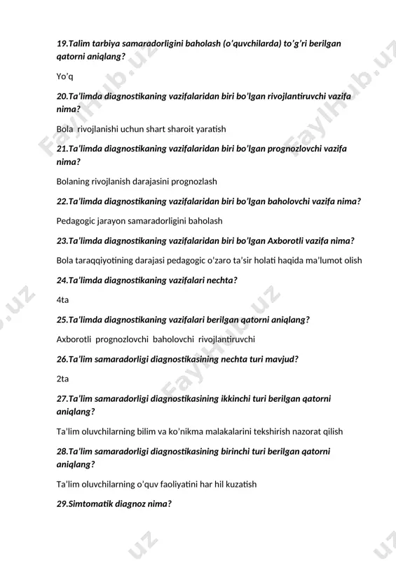 stikaga qanday ta'rif bergan? 34.rossiyada tashkil qilingan psixologiyaga oid birinchi ilmiy jurnallar nomi to’g’ri berilgan qatorni aniqlang? : 1) 1883 – yilda nashr qilingan “ nevrologik axborotnona”, 2) 1985 – yilda nashr qilingan “ nevropsixik tibbiy muammolar”, 3) 1883 – yilda nashr qilingan “ psixiatriya, nevrologiya va sud psixopattologiya”, 4) 1886 – yilda nashr qilingan “ psixiatriya, nevrologiya, eksperimental psixologiya xabarnomasi”, 5) 1895 – yilda nashr qilingan “ laboratoriya qaydlari” jurnali. 35.respublikamizda psixodiagnostikaning rivojlanishiga hissa qo‘shgan olimlar kimlar? m.g.davletshin, m.voxidov, g’.r.shoumarov, v.m.karimova, e.g’.g’oziyev, r.i.sunnatova, b.r.qodirov, j.azimov, r.g’aynutdinov, sh.r.baratov, z.t.nishonova, k.mamedov, n.s.safaev 36.respublikamizda psixodiagnostikaning rivojlanishiga hissa qo‘shgan olimlar kimlar? j: m.g.davletshin, m.voxidov, g’.r.shoumarov, v.m.karimova, e.g’.g’oziyev, r.i.sunnatova, b.r.qodirov, j.azimov, r.g’aynutdinov, sh.r.baratov, z.t.nishonova, k.mamedov, n.s.safaev, v.a.tokaeva, sh.a.do’stmuhammedov, e.n.sattorov, g.to’laganova. 37.reprezentativlik so’zining ma’nosi qanday? reprezentativlik (frants. representatif- namunali) tanlanma to'plam 38.r.s.nemovning psixodiagnostika haqida qanday fikrlarni ilgari surgan? maxsus bilimlarning shunday sohasiki u individ yoki guruh tomonidan erishilgan psixologik rivojlanish darajasi hamda psixik holat xususiyatlarinin …