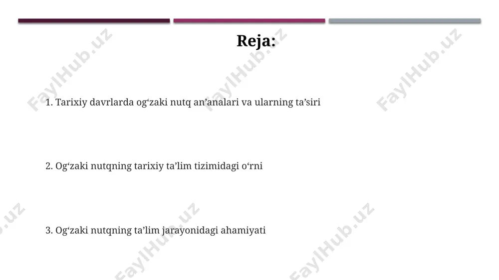 lar) ta'lim jarayonida faol qo'llanilishi kuzatilgan. o'rta asrlarda madrasalarda dinni o'rgatishda hafizlik, qur'on tilovat qilish va hadislarni yod olish kabi og'zaki an'analar ta'limning muhim qismini tashkil etgan. ogʻzaki nutq va bilim uzatish usullari oʻrta asrlardagi madrasalarda talabalar diniy matnlarni yod olish va ularni ogʻzaki ravishda bayon qilish orqali 20% dan ortiq bilim olishgan. qadimgi yunonistonda ritorika fanining 5 ta asosiy qismi mavjud boʻlib, ular ogʻzaki nutq orqali fikrlash va bahslashish mahoratini rivojlantirishga qaratilgan edi. 18-asrda paydo boʻlgan ma'ruzalar uslubi oʻquvchilarning mulohaza yuritish, tahlil qilish va auditoriyaga ogʻzaki taqdimot qilish koʻnikmalarini shakllantirishda muhim rol oʻynagan. zamonaviy ta'limda ogʻzaki nutqning roli zamonaviy ta'limda og'zaki nutqning samarali o'zlashtirilishi o'quvchilarning 70% ga yaqinini tushunish va fikrlash qobiliyatini rivojlantiradi, shuningdek, muloqot madaniyatini shakllantirishga yordam beradi. og'zaki prezentatsiyalar, hikoya qilish va she'r o'qish kabi faoliyatlar orqali bolalarning lug'at boyligi 20% ga oshadi, fikrlash tezligini rivojlantiradi va ijodkorlikni rag'batlantiradi. og'zaki nutq darslarida interfaol usullar, masalan, munozaralar (debating), …