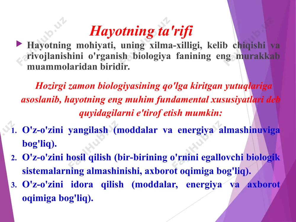 франческо реди 1688-yilda italiya olimi f. redi tajribada hayotning o'z-o'zidan paydo bo'lmasligini isbotlab berdi. f. redi go'shtni yopiq idishga solib qo'yganida pashshalar kira olmaganligi uchun unda lichinkalar paydo bo'lmadi. lekin hayotning o'z-o'zidan paydo bo'lishi tarafdorlari idishga havo kirmagani uchun shunday bo'ldi, deb uni tanqid qildilar. shunda f. redi go'sht solingan idishlar-ning ayrimlarini ochiq qoldirib, boshqalarini doka bilan yopib qo'ydi (39-rasm). doka bilan yopilgan idishlarda lichinkalar paydo bo'lmadi, ochiq idishlardagi go'shtda esa son-sanoqsiz lichinkalar paydo bo'ldi. shunday qilib, mohirlik bilan o'tkazilgan oddiy tajriba fordamida pashshaning lichinkalari chirigan go'shtda o'z-o'zidan paydo bo'lmasligi, pashshaning tuxumlaridan chiqib ko'payishi isbotlab berildi. f. redi hayotning hozirgi zamonda faqat mavjud hayot shakllaridan biogenez yo'li bilan rivojlanishi mumkinligini tajribada tasdiqladi. lui paster xix asr o'rtalarida fransuz olimi lui paster o'zining mohirona o'tkazgan tajribalari yordamida mikroorganizmlarning ham o'z-o'zidan paydo bo'lmasligini isbotladi. 3 paspermiya nazariyasiga ko`ra hayot mangu mavjuddir va u bir sayyoradan ikkinchi sayyoraga ko'chib yuradi. va amerika biofizigi …