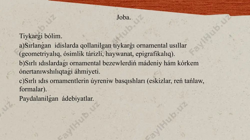 hár túrliligi kórkem izleniwler menen bayıp barmaqta. (panjikent qitay joqari darejede sirlanǵan idisi xv ásir) sırlanǵan ıdıslarda súwretlengen ornamentler áyyemnen házirgi kúnge shekem dawam etip kiyatırgan kórkem miyrastıń áhmiyetli bólegi esaplanadı. bul kórkem óner túri óz dáwirinde tek ǵana estetikalıq gózzallıq hám ámeliylikti úylestirgen emes, al xalqımızdıń ruwxıyatı, diniy túsinikleri, turmısqa bolǵan kózqarası hám tariyxıy tájiriybesin sáwlelendirgen. sırlanǵan ıdıslar birinshi márte b.e.sh. ásirlerde payda bolgan bolıp, olardıń eń joqarı dárejede rawajlangan dáwirleri orta ásirler esaplanadı. bul kórkem óner bagdarı ásirese buxara, samarqand, xirat, termiz, shaxrisabz, qarshi sıyaqlı qala hám mádeniy oraylarda gúllep-jasnagan. bul jerler óz waqtında tek siyasiy hám ekonomikalıq oraylar emes, al kórkem óner, ónermenchilik hám mádeniyattıń da orayları bolǵan. sırlanǵan ıdıslardı bezewde qollanılǵan ornamentler usı qalalar tariyxınıń, olardıń xalqınıń estetikalıq dúnyaqarası hám diniy-filosofiyalıq túsinikleriniń jámlesken kórinisi bolıp xızmet etken. buxara sırlanǵan ıdıs ornamentleri óneriniń eń áyyemgi hám joqarı rawajlangan aymaqlarınan biri bolip esaplanadı. bul jerde ásirler dawamında qáliplesip …