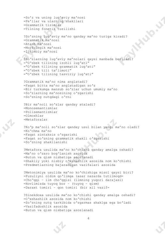 qism nisbatiga asoslanadi ?vazifadoshlik usulida qaysi so‘zlar bir xil vazifani bajaradi? =daraxt tomiri – qon tomiri =cho‘qqi – ilm cho‘qqisi =gulday qiz – ko‘chma ma’no =samavarga chiqdik – choyxonaga bordik ?ko‘chma ma’no qanday usullar bilan hosil bo‘ladi? =metafora, metonimiya, sinekdoxa, vazifadoshlik =sintez, transpozitsiya, homonimiya, antonimiya =morfologik o‘zgarishlar =sintaksis va semantika ?kinoya usulida so‘z qanday ishlatiladi? =so‘z zid (teskari) ma’noda qo‘llaniladi =faqat ko‘chma ma’noda ishlatiladi =ma’nosi faqat literal bo‘ladi =grammatik o‘zgarishlar orqali ishlatiladi ?omonimlar qanday so‘zlar deb ataladi? =bir xil ma’no anglatadigan, shakli turli so‘zlar =bir-biriga yaqin ma’no anglatadigan so‘zlar =har xil shakldagi so‘zlar, lekin o‘zaro aloqador ma’nolarga ega bo‘lgan so‘zlar =bir xil shaklga ega bo‘lgan, ammo har xil ma’nolarni anglatuvchi so‘zlar ?ko‘p ma’noli so‘zlar bilan omonimlar orasidagi farq nima? =omonimlar har xil ma’nolarni anglatuvchi so‘zlar, ko‘p ma’noli so‘zlar esa bir so‘zning turli ma’nolaridir =ko‘p ma’noli so‘zlar faqat bir xil ma’no anglatadi =omonimlar doim bir xil turkumga mansub bo‘ladi =ko‘p ma’noli …