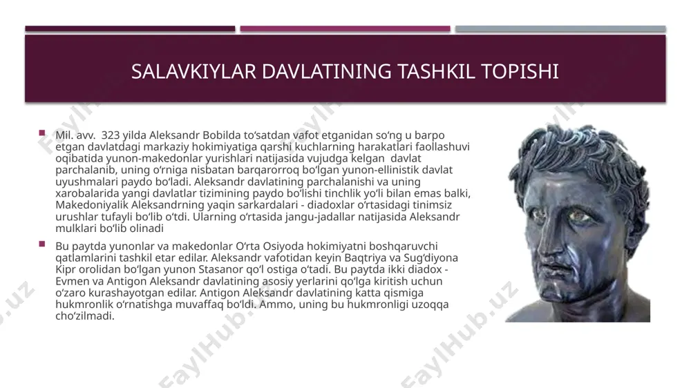 vbztida o’rta osiyo uchun begona bo’lmagan. uning onasi apama mashhur sarkarda spitamenning qizi edi salavkiylar davlati salavk (mil. avv. 312-280 yillar) va antiox (mil. avv. 280-261 yillar) mustaqil hukmronligi davrida salavkiylar davlati siyosatining asosiy yo‘nalishlari shakllanadi. salavkiylar uchta mintaqada - janubiy suriya, kichik osiyo va sharqda faol tashqi siyosat olib borishga majbur bo‘lgan edilar. janubiy suriya va kichik osiyo uchun ptolemeylar (ptolomey lag asos solgan misr va o‘rta yer dengizining sharqidagi davlat sulolasi) bilan tinimsiz urushlar bo‘lib turgan. bu urushlar tarixga suriya urushlari nomi bilan kirgan. suriya urushlari natijasida sharqiy viloyarlarga bolgan e’tibor susayib ketadi. natijada, iii asr o’rtalariga kelib dastlab parfiya, so’ngra, baqtriya mustaqil bolib olishadi. salavkiylar davlatining tashkil topishi miloddan avvalgi 209 yilda. salavkiya shohi antiox iii davlat qudratini tiklash uchun keng ko’lamli yurishlar olib bordi. antiox parfiyaliklarni mag'lub etib , baqtriyaga bostirib kiradi . antiox herirud daryosidagi jangda baqtriyaliklar otryadi ustidan g’alaba qozonadi evtidem o'zining poytaxti baqtraga …