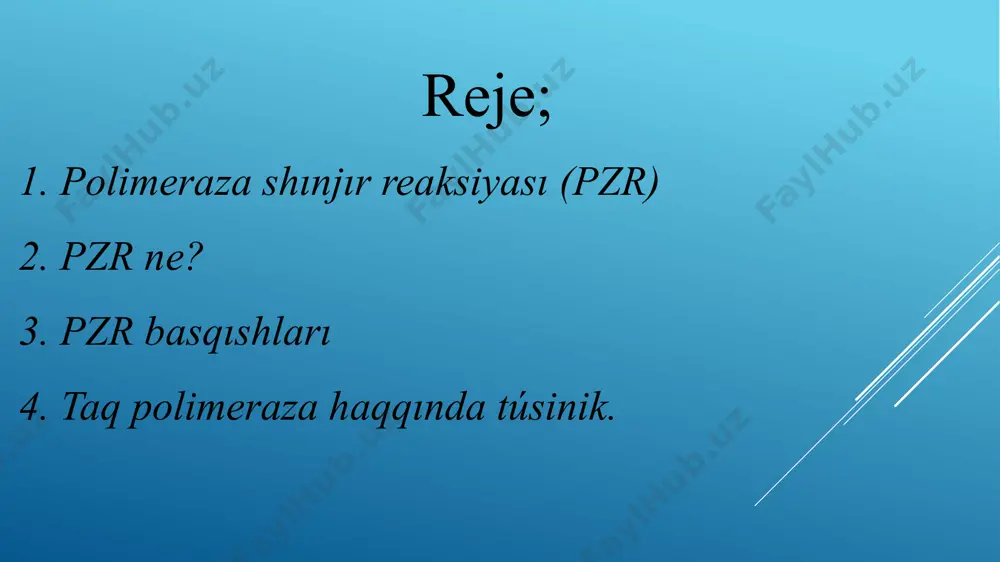 ep atalǵan dnk polimerazasi qollanıladı, bul ıssılıqqa shıdamlı bakteriyalardan ajıratıp alınadı. íssı bulaqlar hám gidrotermal tuynuklarde jasaydı. onıń dnk polimerazasi ıssılıqqa júdá shıdamlı hám 70 °\text c70°c70, °, start text, c, end text (bul temperaturada adam yamasa e. coli dnk polimerazasi nofunksional jaǵdayda boladı ) átirapında eń aktiv jaǵdayda boladı. bul temperaturaǵa shıdamlı taq polimeraza pzr ushın júdá sáykes keledi. kórip turǵanimizday, pzrda joqarı temperatura ulgi dnkni denaturatsiyalaw yamasa onıń shınjırların ajıratıw ushın qayta túrde qollanıladı. pzr praymerler basqa dnk polimerazalar sıyaqlı taq polimeraza da tek ǵana qısqa nukleotidlar izbe-izligi, yaǵnıy praymerlar ámeldegi bolǵandaǵana dnk sintezini baslawı múmkin. pzr reaksiyalarında tájiriybe ótkeriwshi praymer járdeminde nusqası alınıwı yamasa kóbiytiriliwi kerek bolǵan dnk bólegin belgileydi. pzr praymerlari qısqa bir shınjırlı dnk bólekleri bolıp, ádetde 202020 ta nukleotiddan ibarat. hár bir pzr reaksiyasında eki praymer isletiledi hám olar nıshan (nusqalanıwı kerek bolǵan) bólekke qaptal táreplerinen birigiwge maslastırılǵan. bunda praymerlar izbe-izligi ulgi dnkniń keri …