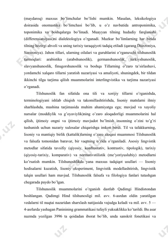ka terminining o'zbek tilidagi muqobili, ma'nodoshi tilshunoslik bo’lib, ular o'zaro sinonimik munosabatga kirishadi. lingvistika yoki tilshunoslik fani o'ziga xos murakkab ijtimoiy hodisa bo’lgan aloqa qurolini - tilni sistema sifatida - bir butun obyekt sifatida tadqiq va tahlil qiladi. ayni jarayonda u turli ko'rinishlarda, shakllarda kuzatiladi. bu ijtimoiy xarakterga ega bo'lgan tilning mohiyatidan, uni turli tomondan o'rganish, tekshirish lozimligidan va bu ilmiylik nuqtayi nazaridan mutlaqo to'g'ri ekanligidan kelib chiqadi. lingvistika nihoyatda qudratli ma'naviyat belgisi, millat boyligi bo’lgan tilni o'rganish jarayonida quyidagi ko’rinishlarda namoyon bo'ladi: 1. dinamik lingvistika. 2. statik lingvistika. 3. sinxron lingvistika. 4. diaxron lingvistika. 5. intralingvistika. 6. ekstralingvistika. 7. paralingvistika. 8. psixolingvistika. 9. sotsiolingvistika. 10. matematik lingvistika. 11. kompyuter lingvistikasi. 12. kognitiv lingvistika. 13. pragmalingvistika. 1. dinamik lingvistika. dinamik lingvistika, asosan, tilni real mavjudligida, kommunikativ jarayonda turlicha vazifalarni faol bajarishda, >, o'zgarishda tadqiq qiladi. 2. statik lingvistika. statik lingvistika til faoliyatidagi to'liq sinxronlashgan muayyan bir davrni (bo'lakni) ajratadi va …