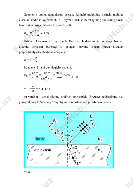 asini bajaradi. u tabiiy yorug‘likni chiziqli qutblangan yorug‘likka aylantiradi. ikkinchi polyaroid o‘ziga tushgan nurni tahlil qiladi, analizator vazifasini bajaradi. rasm. tabiiy yorug‘likni ikkita ideal polyaroidan o‘tishi. yu' - o‘q polyaroidlarning o‘tkazish o‘qlari. yu' - o‘qga parallel tebranishlar o‘tadi, perpendikulyar tebranishlar o‘tmaydi rasm. yorug‘likning qutblanish modeli agar birinchi polyaroidan o‘tgan chiziqli qutblangan yorug‘lik amplitudasini deb belgilasak, ikkinchi polyaroid o‘tkazgan to‘lqinning amplitudasi e = e0 cos s ga teng bo‘ladi. bundan ko‘rinadiki ikkinchi polyaroiddan chiqqan chiziqli qutblangan yorug‘likning intensivligi quyidagiga teng bo‘ladi. (11.5) yorug‘likning intensivligi amplituda kvadratiga proporsional bo‘lganligi uchun (11.5) munosabatni yoza olamiz. bu ifoda malyus qonunini ifodalaydi. analizatordan o‘tgan yorug‘lik intensivligi analizator va polyarizatorning optik o‘qlari orasidagi burchak kosinusining kvadratiga proporsionaldir. malyus o‘zining qonunini yorug‘likni to‘lqin emas, balki korpuskulalar deb tasavvur qilish asosida chiqargan keyinchalik arago tomonidan o‘tkazilgan fotometrik o‘lchashlar malyus qonunini to‘g‘riligini tasdiqladi. shunday qilib, yorug‘likni elektromagnit nazariyasi orqali vektorni tashkil etuvchilarga ajratib malyus qonunini to‘la tushuntirish mumkin (rasm). …