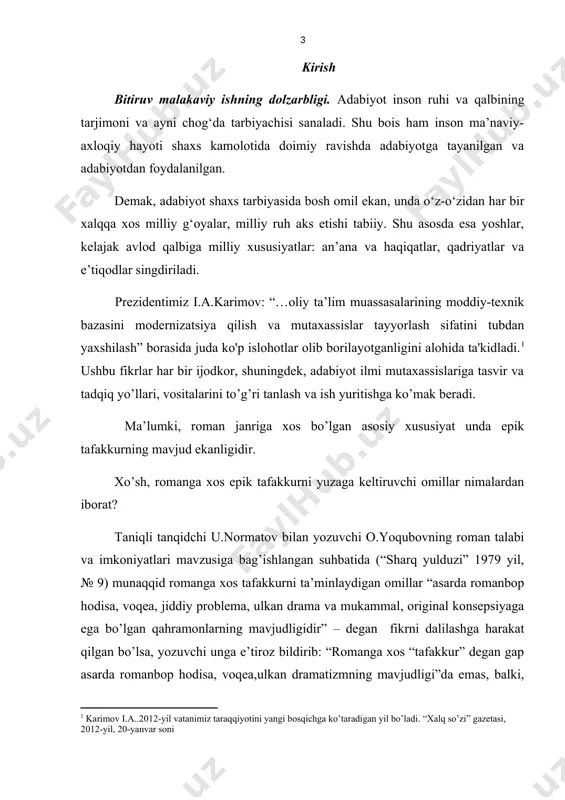 ahlilini ham, ijtimoiy – ma’naviy taraqqiyot muammolarini o’zida aks ettirgan chuqur dramatizmning mavjudligini ham nazarda tutamiz. shu bilan birga, epik tafakkurni harakatga keltiruvchi kuchlar, vositalar sifatida roman janrining formal komponentlari bilan uslubiy komponentlarni, ularning murakkab dialektik birligini ko’zda tutamiz. chunki, ana shu birlik vujudga asardagina epik tafakkurning roman ko’lami bo’ylab harakati ta’minlanadi. demak, romanga xos epik tafakkur uni yaratuvchi omillar bilan harakarga keltiruvchi kuchlarning, vositalarning sintezidan tarkib topib, o’ziga xos funksiyani o’taydi. agar haqiqiy iste’dod egalari yaratgan yetuk romanlarga e’tibor berilsa, epik tafakkurni yaratuvchi omillar bilan asar g’oyasini chuqur yoritish uchun talab qilingan barcha vositalar uzviy birlikni tashkil etadi. bunday birlik hosil bo’lgan “nuqta” vazifasini romanning yetakchi qahramoni o’taydi. epik tafakkur esa asardagi barcha voqealar, fikrlar, tuyg’ular, tafsilotlarni yetakchi qahramon qiyofasida, ruhi, qalbi va aqlida mujassamlashgan mazmunni ochishga yo’naltirib, romandagi fikrlar oqimini umumlashtiruvchi vosita rolini o’ynaydi. biz mazkur vosita orqali o. yoqubov va p. qodirovlarning tarixiy romanlarini tahlil etmoqchimiz. bu …