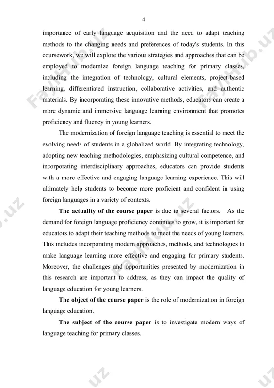 mmendations and best practices for modernizing language teaching. the research can help educators to enhance their pedagogical approaches and better meet the needs of today's students. the main research methods in this paper are analytical, used for a detailed study of the object of research, comparative as used to analyze new different methods of language teaching in primary classes, descriptive, that is used to determine the object of research and its components. the structure of the work: this course work consists of an introduction, two chapters, conclusion, rezyume and the list of used literature. chapter i. foreign language teaching and its modernization 1.1 the characteristics of language teaching language teaching is the process of imparting knowledge and skills related to a particular language to learners. it encompasses various methods and approaches aimed at helping individuals develop proficiency in speaking, listening, reading, and writing in a foreign or second language. language …