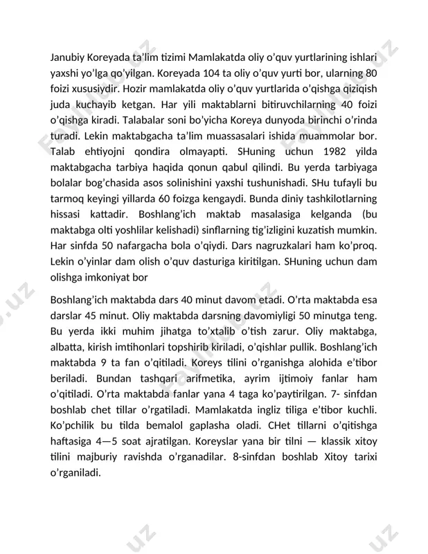 nagruzkalari ham ko’proq. lekin o’yinlar dam olish o’quv dasturiga kiritilgan. shuning uchun dam olishga imkoniyat bor boshlang’ich maktabda dars 40 minut davom etadi. o’rta maktabda esa darslar 45 minut. oliy maktabda darsning davomiyligi 50 minutga teng. bu yerda ikki muhim jihatga to’xtalib o’tish zarur. oliy maktabga, albatta, kirish imtihonlari topshirib kiriladi, o’qishlar pullik. boshlang’ich maktabda 9 ta fan o’qitiladi. koreys tilini o’rganishga alohida e’tibor beriladi. bundan tashqari arifmetika, ayrim ijtimoiy fanlar ham o’qitiladi. o’rta maktabda fanlar yana 4 taga ko’paytirilgan. 7- sinfdan boshlab chet tillar o’rgatiladi. mamlakatda ingliz tiliga e’tibor kuchli. ko’pchilik bu tilda bemalol gaplasha oladi. chet tillarni o’qitishga haftasiga 4—5 soat ajratilgan. koreyslar yana bir tilni — klassik xitoy tilini majburiy ravishda o’rganadilar. 8-sinfdan boshlab xitoy tarixi o’rganiladi. hunar maktablari koreyada 600 tani tashkil etadi. bu maktablarning 45 foizi bo’lajak mulkdorlarni tayyorlaydi, 23 foizida texnik kasb egalari yetishib chiqadi. qolgan maktablarda dengizchilik, qishloq xo’jalik ixtisoslari o’zlashtiriladi. shunisi diqqatga …