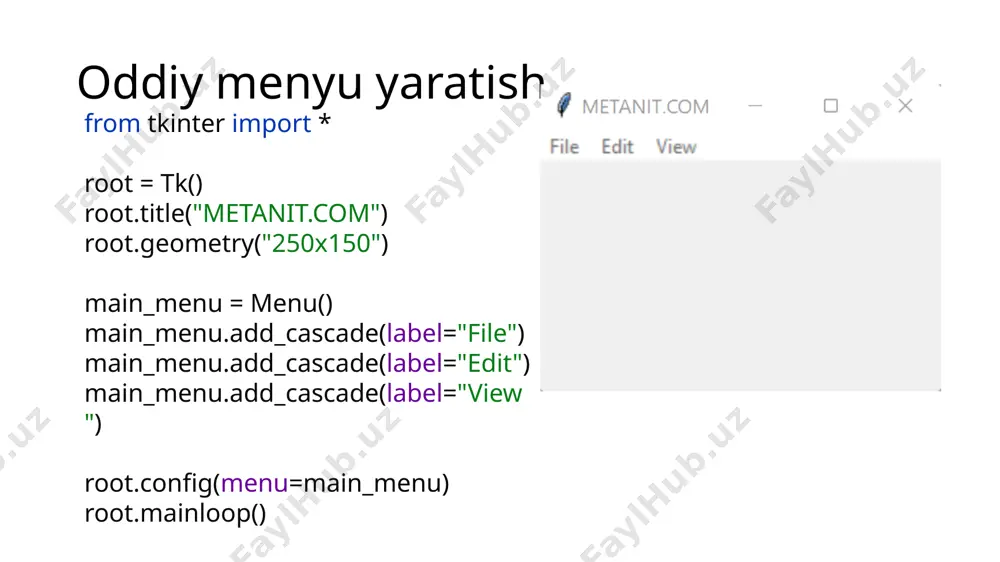 ilan grafikalar chizish, grafik muharrirlar yaratish hamda turli vidjetlarni realizatsiya qilish mumkin. birinchi namunada qanday qilib chiziq chizishni koʻrsatamiz. create_line(koordinata, parametr) metodi toʻgʻri chiziq chizish uchun ishlatiladi. koordinatalar 4 talik butun sonlar: x1,x1,x2,x2 koʻrinishida beriladi. bu chiziq (x1,y1) nuqtadan (x2,y2) nuqtaga oʻtishini anglatadi. koordinatalardan soʻng vergul bilan ajratilgn qoʻshimcha parametrlar roʻyxati yozilishi yoki boʻsh qoldirilishi mumkin. biz esa boʻsh qoldirmaymiz, masalan chiziq rangini oʻzimizga yoqqan rang bilan ifodalaymiz: fill="#476042". gorizontal chiziq hosil qilish from tkinter import * root = tk() canvas_width = 80 canvas_height = 40 w = canvas(root, width=canvas_width, height=canvas_height) w.pack() y = int(canvas_height / 2) w.create_line(0, y, canvas_width, y, fill="#476042") mainloop() toʻgʻri toʻrtburchaklarni yaratish uchun create_rectangle(koord, parametrlar) metodi mavjud. koord ikkita nuqtadan belgilanadi, ammo bu safar toʻgʻri toʻrtburchak metodidagi birinchisi yuqorida chap nuqta va quyidagi oʻng nuqtani ifodalaydi: w = canvas(master, width=200, height=100) w.pack() w.create_rectangle(50, 20, 150, 80, fill="#476042") oval obyektlar yasash oval(yoki tuxumsimon, yumaloq) – tuxumga oʻxshaydigan …