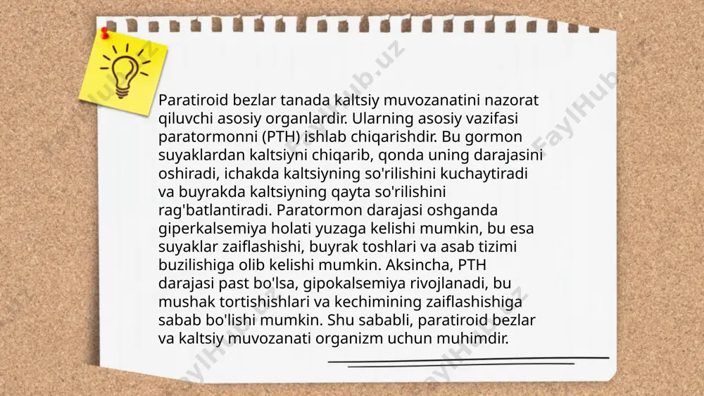 ariga ko‘ra, bunday sindrom xavfini kamaytirish uchun ılımlı ovqatlanish, muntazam jismoniy faollik va tana vaznini nazorat qilish kabi choralar ko‘rilishi kerak. ... t.me/slaydai_bot 12. ekzokrin va endokrin faoliyat haqida. ekzokrin bezlar maxsus kanallar orqali tashqi yuzalar va ichki bo‘shliqlarga sekret ajratadi. misol uchun, ter bezlari va so‘lak bezlari ekzokrin hisoblanadi. ular organizmning ma'lum hududlariga ta'sir qiladi. endokrin bezlar esa gormonlarni bevosita qon aylanishiga ajratadi va ular butun tanaga ta'sir etadi. ushbu bezlar orasiga gipofiz, qalqonsimon bez, buyrak usti bezlari kiradi. endokrin tizim homeostaz, o‘sish, rivojlanish va metabolizmni boshqarishda muhim rol o‘ynaydi. ekzokrin va endokrin faoliyat birgalikda organizmning muvozanatini saqlashga yordam beradi. ... t.me/slaydai_bot 13. reproduktiv gormonlar reproduktiv gormonlar inson tanasida jinsiy tizim faoliyatini boshqaruvchi kimyoviy moddalar hisoblanadi. asosiy reproduktiv gormonlar erkaklarda testosteron, ayollarda esa estrogen va progesteron hisoblanadi. ushbu gormonlar jinsiy yetilish, hayz davri, homiladorlik va tug'ish jarayonlariga ta'sir ko'rsatadi. o'zbekiston aholisi orasida reproduktiv gormonlar darajasini o'rganish va nazorat qilish …
