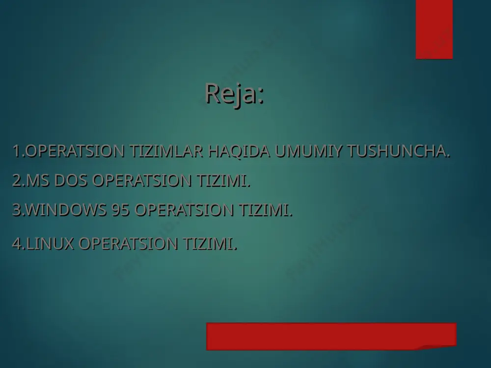 rini qo’llab quvvatlaydi hamda unix dos ms windows sistemalariga mos keladi. liux va hamda boshqa operatsion sistemada ishlashga yaroqli obyektga oriyentrlashtirilgan ko’p darchali matnli yoki grafik interfeyisli kliyent -server klassidagi sistemani ham kiritgan holda istalgan darajadagi murakkab amaliy dasturlarni ishlab chiqish uchun instrumental vositalarning boy to’plami bilan taminlaydi. barcha xoxlovchilarga ishlab chiqishda o’z kuchini sinab ko’rishga linux os chiquvchilarning istalgani bilan internet orqali muloqot qilish va birgalikda ishlash hamda ushbu sistemaga hammuallif bo’lib o’z hissasini qo’shishga imkon beradi. linuxning «os» sifatidagi xarakterli xossalari. ko’p vazifalilik. ko’p foydalanuvchilar bir vaqtning o’zida bitta kompyuterdan foydalaniladi. protsessorning himoyalangan rejimi. protsessor xotirasi himoyasi. tejamli yuklash. linux -bu operatsion sistema aynan u elektron komponentlarini ishlashini taminlaydi. etiboringiz uchun rahmat.