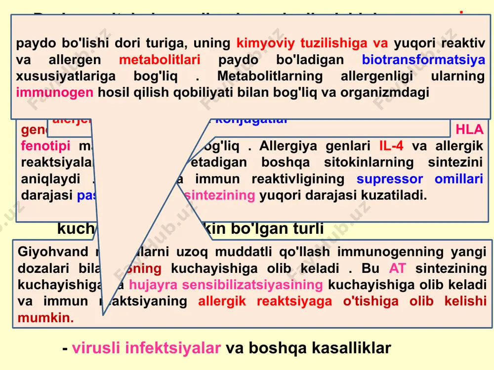 hu bilan allergiya paydo bo'lishiga yordam berishi mumkin. gaptenning tananing tegishli oqsillari bilan birikmasi ularni immunogen qiladi bir necha usulda: io bog'langan tashuvchi oqsildan qat'i nazar , haptenda hosil bo'ladi ba'zida hapten hatto mhc molekulasi bilan bevosita bog'lanishi mumkin va bu shaklda tcr sifatida namoyon bo'ladi yashiringanini ochib beradi ag oqsil molekulasining hapten bilan birikmasidan keyin uning konformatsion o'zgarishlari natijasida paydo bo'ladigan determinantlar il turli bakterial ta'sirga javoban apc , keratinotsitlar , ec va boshqa hujayralar tomonidan ishlab chiqariladi. va virusli mahsulotlar, tirnash xususiyati beruvchi kimyoviy moddalar, ultrabinafsha nurlanish va tanaga io rivojlanishi uchun tcr ning mhc-peptid kompleksi bilan o'zaro ta'siridan keyin keladigan signal etarli emas. cd40-cd40l , cd28-cd80/86 il-1 , 6 , tnfa ushbu bog'liq omillar tananing boshqariladigan preparatga sezgirligini keltirib chiqarishi mumkin io , gio yoki cio turi asosan kimyoviy va fizik-kimyoviy xususiyatlar bilan belgilanadi. ksenobiotik , uning kirish joyi , degradatsiya yo'llari , shuningdek, bog'liq omillar mhc …