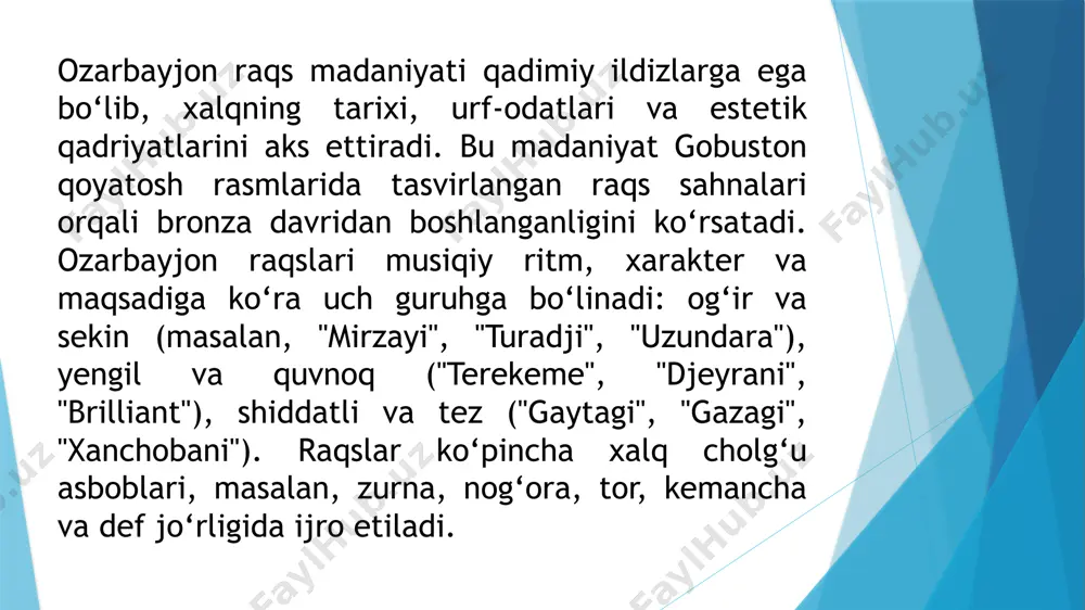 da ijro etiladigan jamoaviy aylana raqsi, bayramlarda keng tarqalgan. djangi: mardonavor erkaklar raqsi, kuch va jasoratni aks ettiradi. tarixiy rivojlanish ozarbayjon raqs san’ati qadimiy marosim raqslaridan, masalan, "godu-godu", "kosa-kosa" va "xadir ilyas"dan boshlanib, o‘rta asrlarda saroy raqs ansambllari orqali rivojlangan. afsonaga ko‘ra, "turadji" raqsi qorabog‘ xoni raqqosasi nadjafguluning o‘g‘lining to‘yidagi ijrosi tufayli shunday nomlangan. xix asrda shemaxa raqqosalari mashhur bo‘lib, ularning ijrolari rus etnografi ivan shopen tomonidan tasvirlangan. zamonaviy raqs va balet xx asrda ozarbayjon professional balet san’ati opera va operettaning rivojlanishi bilan bog‘liq ravishda shakllandi. 1908-yildan boshlab bokuda milliy opera va musiqali komediyalar sahnasida xoreografik raqslar ijro etildi. klassik baletlar, masalan, chaykovskiyining "lebedinoye ozero" va adanning "jizel" asarlari ham sahnalashtirildi. afrosiyob badalbeylining "qiz qal’asi" baleti ozarbayjonda birinchi milliy balet sifatida tarixga kirdi. madaniy ahamiyati ozarbayjon raqslari nafaqat san’at, balki xalqning ruhiyati va tarixini aks ettiruvchi muhim madaniy merosdir. ular to‘y, bayram va marosimlarda muhim o‘rin tutadi. 2012-yilda boku shahrida …