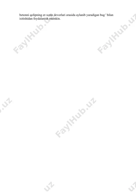 qlashtiruvchi tezlatgichlarni joriy etish; • beton aralashtirgichda beton aralashmani aralashtirish vaqtini 30% ga oshirish. salbiy haroratlarda betonlash sovuqda qotib qoladigan betonlar va ohaklardan foydalangan holda yoki beton aralashmaning tarkibiy qismlarini (suv, agregatlar) oldindan qizdirish bilan amalga oshiriladi, bu esa betonning ijobiy xususiyatlarini ta'minlaydi harorat. dizayn quvvatining 70% ga etgunga qadar betonning muddatidan oldin muzlashiga yo'l qo'yilmaydi.salbiy havo haroratida qish sharoitida beton va temir-beton monolitik tayanchlarni qurish termos usuli bilan amalga oshiriladi, ya'ni. izolyatsiyalangan qolipda yoki himoya qoplamasi ostida. termos usuliga ko'ra, 40-60 ° s ga qadar isitiladigan beton doimiy ravishda ochiq havoda izolyatsiyalangan qolipga yotqiziladi. o'rnatish oxirida beton qoplanadi. isitish paytida hosil bo'lgan va beton tomonidan chiqarilgan issiqlik qattiqlashuv uchun normal sharoitlarni yaratadi. ba'zan betonlash issiq va nam bo'lgan issiqxonalarda qo'llaniladi harorat +10 ° s dan past bo'lmagan muhit. qoplangan betonni qolipning er-xotin devorlari orasida aylanib yuradigan bug ' bilan isitishidan foydalanish mumkin.