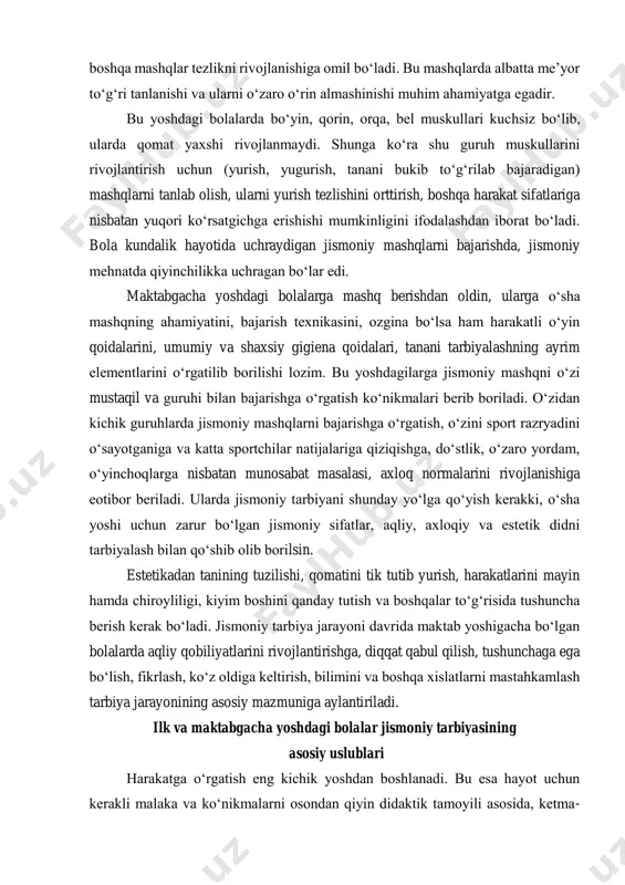 likdagi tezlik jismoniy sifatini rivojlanishini tezlashtiradi. qisqa vaqt mobaynida minimal tezlik bilan yugurish, velosiped va boshqa mashqlar tezlikni rivojlanishiga omil boʻladi. bu mashqlarda albatta me’yor toʻgʻri tanlanishi va ularni oʻzaro oʻrin almashinishi muhim ahamiyatga egadir. bu yoshdagi bolalarda boʻyin, qorin, orqa, bel muskullari kuchsiz boʻlib, ularda qomat yaxshi rivojlanmaydi. shunga koʻra shu guruh muskullarini rivojlantirish uchun (yurish, yugurish, tanani bukib toʻgʻrilab bajaradigan) mashqlarni tanlab olish, ularni yurish tezlishini orttirish, boshqa harakat sifatlariga nisbatan yuqori koʻrsatgichga erishishi mumkinligini ifodalashdan iborat boʻladi. bola kundalik hayotida uchraydigan jismoniy mashqlarni bajarishda, jismoniy mehnatda qiyinchilikka uchragan boʻlar edi. maktabgacha yoshdagi bolalarga mashq berishdan oldin, ularga oʻsha mashqning ahamiyatini, bajarish texnikasini, ozgina boʻlsa ham harakatli oʻyin qoidalarini, umumiy va shaxsiy gigiena qoidalari, tanani tarbiyalashning ayrim elementlarini oʻrgatilib borilishi lozim. bu yoshdagilarga jismoniy mashqni oʻzi mustaqil va guruhi bilan bajarishga oʻrgatish koʻnikmalari berib boriladi. oʻzidan kichik guruhlarda jismoniy mashqlarni bajarishga oʻrgatish, oʻzini sport razryadini oʻsayotganiga va katta …