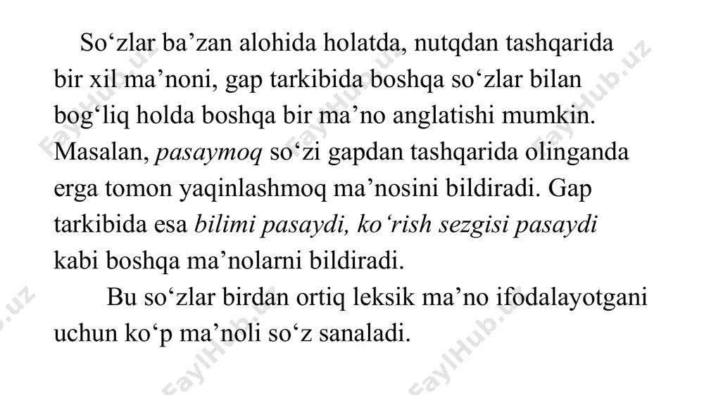 aloqa yuzasidan ma‘no ko‘chish turi hissoblanadi. bu ma‘no ko‘chish turini ham avvalgilardek avval ma‘nosi ko‘chgan so‘zni topamiz so‘ng u so‘zni qanday ma‘nosi ko‘chganligini aniqlaymiz agar tashqi ko‘rinishi o‘xshash bo‘lsa metafora, aloqa yuzasidan ma‘no ko‘chsa metonimiya bo‘ladi. narsa va hodisalar o‘rtasidagi makon va zamonda o‘zaro aloqadorlik, bog‘liq asosida ma'no ko‘chishiga aytiladi.masalan, dasturxon bilan unga yoziladigan noz-ne’matlar chambarchas bog‘liq. ya’ni dasturxon bor joyda noz-ne'matlar bo‘ladi.yoki biror asar va uning muallifi doimo bog'liq. shu sababli “noz-ne'matlarga qarang” o‘rnida “dasturxonga qarang”, “navoiyning asarini o‘qidim”, o‘rniga “navoiyni o‘qidim” shakllari paydo bo‘lgan va shu shaklda ham hammaga tushunarli bo‘ladi. metonimiya quyidagi ko‘rinishda uchraydi: ▪ joy nomi va o‘rni joy otlari shu joyda yashovchi yoki turgan kishilar ma'nosiga ko‘chadi: navoiy vafotiga butun hirot yig‘ladi. ▪ ijodkorning ismi yoki taxallusi u yozgan asar nomiga ko‘chadi: fuzuliyni oldim qo‘limga. ▪ guruh yoki jamoa nomi shu jamoa a'zolari ma'nosiga ko‘chadi: “so‘g‘diyona”, “paxtakor”ni qabul qildi ▪ idish nomi shu idish ichidagi …