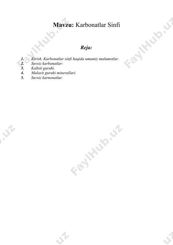 b, ba va qoʼshimcha anionlar [oh]1- va cl1- bilan cu va boshqalar. karbonatlarning fizik xossalaridan qoʼyidagilarni koʼsatib oʼtamiz: suvsiz karbonatlarning qattiqligi hech vaqt yuqori boʼlmaydi. odatda u 3 dan 5 gacha oʼzgaradi. karbonatlarning suvda eruvchanligi ham yuqori. bu, ayniqsa, ishqor elementlarning karbonatlari va kationlarining ion radiusi nisbatan kichik yoki aksincha, juda katta (masalan ba2+) oʼlchamli elementlarning bikarbonatlari uchun hosdir. cu2+ karbonati faqat asostuzlar holida uchraydi. bu, kationning oʼziga xos tuzilishi bilan bogʼliq boʼlsa kerak. mis karbonatlarining intensiv toʼq yashil yoki koʼk rangli boʼlishi ehtimol shu bilan bogʼliq boʼlsa kerak. qolgan boshqa hamma karbonatlar rangsiz yoki och ranglidir. karbonatlarning optik xususiyatlari, co3 anionning yassi shakli bilan bogʼliq holda eng yuqori ikkilantirib sindirish koʼrsatkichiga ega ekanligidadir. biz bu sinfga kiradigan minerallarni, avvalo, suvsiz va suvli karbonatlarga ajratishimiz kerak. shular orasidan ximiyaviy birikmalarning bir xil strukturali tiplariga qarab ayrim gruppalarni ajratamiz. yakka-yakka mineral turlaridan iborat boʼlgan karbonatlarni tarkibidagi kationlarga qarab guruh- guruh qilib …