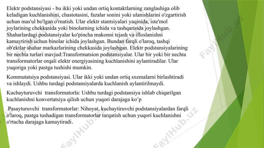 tahlil natijalariga asosan, podstansiya joylashuvining, tarkibiy qismlari va texnologiyalarining turli variantlari ko'rib chiqiladi. loyihani tanlash texnik-iqtisodiy tahlil natijalariga ko'ra, iqtisodiy, amaliy va texnik jihatdan eng maqbul variant tanlanadi. detallashtirilgan loyiha tanlangan variant asosida podstansiya loyihasining barcha texnik va tuzilmaviy elementlari ishlab chiqiladi. 7 xulosa men bu mustaqil ish mavzuyimdan xulosam shuki bizning qit`ada va boshqa koʻpgina mamlakatlarda elektr energiyasi hosil qilish va uni taqsimlash uchun 50 gts chastotali uch fazali oʻzgaruvchan tok qabul qilingan . oʻzbekistonda 20asr 10-yillarida barcha elektr stansiyalarning umumiy quvvati 3000 kvt dan oshiqroq edi. 1920—30-yillarda toshkent, buxoro, samarqand va boshqalar shaharlarda yirik dizel elektr stansiyalari qurildi. oʻzbekistonda qurilgan birinchi gidroelektr stansiya — boʻzsuv 1 1926-yil 1-mayda ishga tushirilgan. keyinchalik birinketin geslar va ies lari qurilgan. oʻzbekistonda 20 ta issiqlik va 27 ta gidroelektr stansiyalari bor; ular yiliga 52 mlrd. kvt soat elektr energiyasi ishlab chiqaradi (2005). foydalanilgan adabiyot 1. steven w. blume, electric power system basics, …