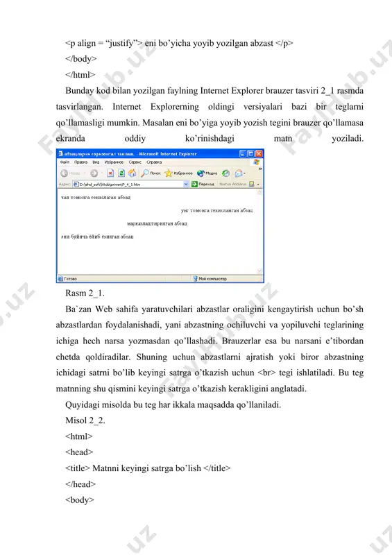 gi masofani piksellarda belgilaydi. font tegi. endi matn shriftlarini bezash usullarini ya’ni font tegini ko’rib chiqamiz. biz tegini parametrlari bilan birga abzastning ixtiyoriy erida qo’llashimiz mumkin. bu tegdan keyingi matnlar parametrda ko’rsatilgan qiymatlar bo’yicha ekranda tasvirlanadi. tegini yopiluvchi tegi shunday ko’rinishda bo’ladi. tegi o’zining qo’llanilayotgan shrift o’lchamini ko’rsatuvchi size, shrift simvollarining ranggini belgilovchi color va matn qaysi shriftda tasvirlanishini belgilovchi face parametrlariga ega. size parametri qiymat sifatida 0 dan 7 gacha bo’lgan sonlarni qabul qiladi. bu sonlar matndagi simvollar o’lchamini bildiradi. html da ofis dasturlaridagidek simvol o’lchamlarini absolyut o’rnatish imkoniyati yo’q. chunki bizga web sahifani ko’rayotgan foydalanuvchi kompyuterida o’rnatilgan shriftlar va qanday o’lcham imkoniyatlariga ega ekanligi noma’lum. foydalanuvchi brauzeri biz ko’rsatgan shrift o’lchamiga maksimal mos keluvchi o’lchamni tanlashi kerak. size parametri qiymati sifatida biz shrift o’lchamini berishimiz mumkin. masalan shrift o’lchamini bittaga oshirish uchun quyidagi konstrukstiyani yozishimiz kerak: shrift (simvol) o’lchamlarini ikki birlikka kichraytirish uchun esa quyidagini yozishimiz kerak: yuqoridagi …