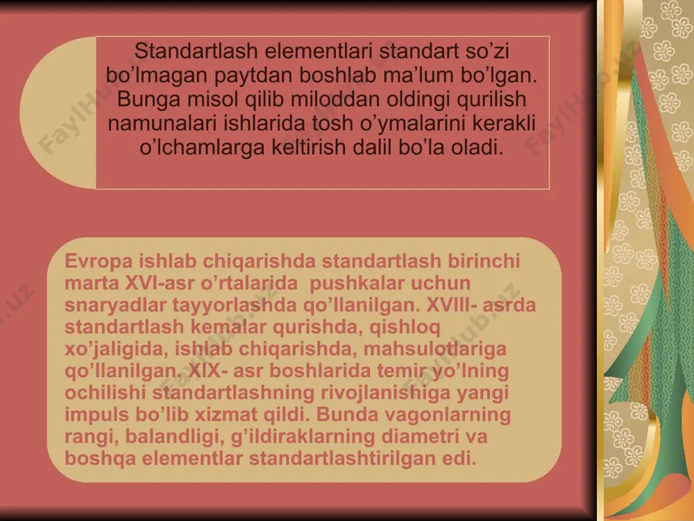 a standartlarni asosan ommaviy va ko’p seriyali ishlab chiqariladigan mahsulotlarni, shuningdek tarmoqlararo ob’ektlarni me’yor, qoida, talab, tushunchalarini davlat standart markazi tasdiqlaydi, kuchga kiritadi, o’zgartiradi va bekor qiladi. tarmoq standartlari va shu tarmoqni barcha korxona va muassasalari uchun, shuningdek uni mahsulotini ishlatadigan boshqa tarmoqlarni korxona va tashkilotlari uchun majburiy. bu standartlarni tarmoqlarga qarashli vazirliklar tasdiqlaydi, kuchga kiritadi, o’zgartiradi va bekor qiladi. tarmoq standartlari davlat standartlarini rivojlantirishi yoki cheklashi mumkin, agarda oxirgilarni asosiy talablari buzilmagan bo’lsa. korxona standartlari faqat ma’lum korxona uchun majburiy. ularni faqat shu korxonada qo’llanadigan ob’ektlar ko’zda tutadilar. standartlarni uchta darajasini ajratadilar:  standartlar bilan birga, standartlash sohasida ko’pgina sanoat tarmoqlarida keng qo’llanadigan me’yoriy-texnik hujjat bu texnik shartlar. texnik shartlarda mahsulotga, uni ishlab chiqarishga va nazoratiga qo’yiladigan barcha talablar bo’lishi shart. bu shartlarni to’qimachilik mahsulotlar uchun engil sanoat vazirligi tasdiqlaydi. keyingi yillarda to’qimachilik mahsulotlari standartlash sohasida texnik tasvirlar keng qo’llanilyapti. ularni bitta aniq mahsulot namunasi (modeli) uchun tuzadilar va …