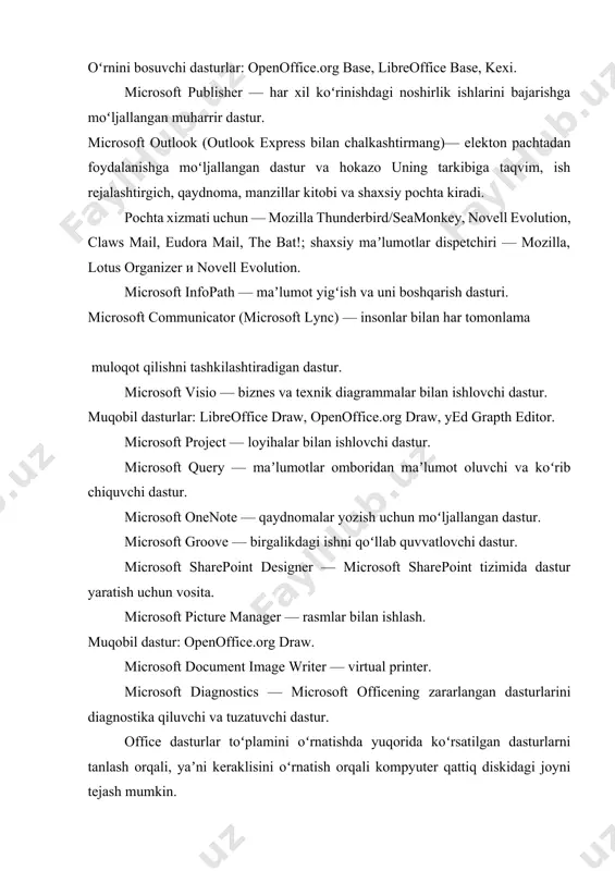 vchi dastur. microsoft query — maʼlumotlar omboridan maʼlumot oluvchi va koʻrib chiquvchi dastur. microsoft onenote — qaydnomalar yozish uchun moʻljallangan dastur. microsoft groove — birgalikdagi ishni qoʻllab quvvatlovchi dastur. microsoft sharepoint designer — microsoft sharepoint tizimida dastur yaratish uchun vosita. microsoft picture manager — rasmlar bilan ishlash. muqobil dastur: openoffice.org draw. microsoft document image writer — virtual printer. microsoft diagnostics — microsoft officening zararlangan dasturlarini diagnostika qiluvchi va tuzatuvchi dastur. office dasturlar toʻplamini oʻrnatishda yuqorida koʻrsatilgan dasturlarni tanlash orqali, yaʼni keraklisini oʻrnatish orqali kompyuter qattiq diskidagi joyni tejash mumkin. microsoft word (qisqacha ms word, winword yoki word) – matnli maʼlumotlarni yaratish, koʻrish va tahrir qilish uchun moʻljallangan matn muharriridir yoki matn protsessori. microsoft korporatsiyasi tomonidan microsoft office paketi tarkibida chiqariladi. ilk versiyasi richard brodi tomonidan 1983-yil ibm pc uchun yozilgan. keyinroq apple macintosh (1984), sco unix va microsoft windows (1989) uchun ishlab chiqilgan. amaldagi versiyasi windows va macos uchun moʻljallangan …