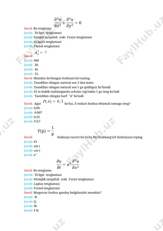 si a • b kabi belgilanadi va . . . , bildiradi javob: faqat bittasining ro'y berishini javob: hech bo'lmaganda bittasining ro'y berishini javob: #ikkalasining ro'y berishini javob: ikkalasining ro'y bermasligini savol: hodisalar uchun qaysi biri noto'g'ri? javob: javob: #hammasi to'g'ri javob: javob: savol: hodisalar uchun qaysi biri noto'g'ri yozikgan? javob: # javob: javob: javob: savol: м(х)=? javob: 3,35 javob: 3,10 javob: 4 javob: #3,8 savol: agar м(х)=3,8 bo'lsa, u holda d(x)=? javob: 3,35 javob: 3,10 javob: 3,33 javob: #3,36 savol: p(b) ni toping, agar p(a)=0.4 va p(a+b) = 0.7 bo'lsa. a va b birgalikda emas. javob: # 0,3 javob: 0,6. javob: 0,4. javob: 0,55. savol: mumkin bo'lmagan hodisa qanday belgilanadi? javob: #ø javob: q javob: m javob: ω savol: ehtimolni hisoblashning qanday usuli yo'q? javob: klassik ta'rifi javob: #shartnoma asosida javob: statistik ta'rifi javob: geometrik ta'rifi savol: qutida 10 ta shar bor. 7 oq, qolgani qora. 1 shar olindi …