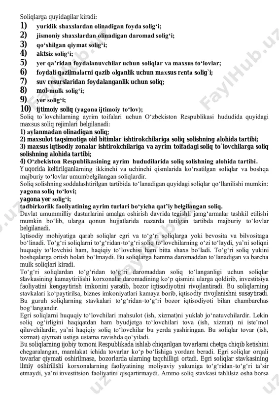 di. 2. soliq elementlari va funktsiyalari. avvalo soliqlar tizimi va soliqqa tortish tizimining farqini bilib olish zarur. soliqlar tizimi mohiyati jihatdan bir xil, o‘zaro bog‘liq bo‘lgan va markazlashgan pul fondiga hamda boshqa davlat fondlariga tushadigan soliq turlarining yig‘indisidir. qonun chiqaruvchi idoralar tomonidan belgilangan va ijrochi idoralar tomonidan undiriladigan soliqlarning tashkil etish usullari, elementlari va tamoyillari yig‘indisiga soliqqa tortish tizimi deyiladi. o‘zbekistonning soliqqa tortish tizimi o‘z mazmuniga ko‘ra soliq elementlari, ularni tashkil qilish tamoyillari va usullarini o‘rgatadi. soliq elementlariga soliq sub’ekti, ob’ekti, manbai, stavkasi, soliq birligi, imtiyozi, soliq og‘irligi (soliq yuki) kabi tushunchalar kiradi. 1. soliq sub’ekti –soliq munosabatlarida qatnashuvchi soliq to‘lovchilardir. ular huquqiy va jismoniy shaxslarga bo‘linadi. soliq munosabatlarida faqat soliq to‘lovchilargina emas, soliq undiruvchi ham qatnashadi. soliqni davlat undiradi. uning nomidan maxsus tashkilot qatnashadi, ya’ni bu ishni davlat soliq xizmati idoralari bajaradi. soliqlarni to‘g‘ri hisoblash, to‘liq to‘lash javobgarligi soliq to‘lovchi sub’ektga yuklatilgan. 2. soliq ob’ekti- soliq solinadigan daromad, xarajat, …
