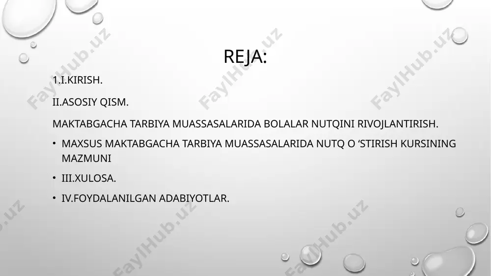ing shaxsini holati va xususiyatlari ijtimoiy tajribani o‘zlashtirishi bilan o‘zgarib boradi. maqsadga yo‘naltirilgan psixik-ijtimoiy korreksion ishlar jarayonida bolalar aqliy, jismoniy, ahloqiy o‘z-o‘zini boshqaruv rivojlanib boradi, ijtmioiy-mehnatga moslashuv malakalari shakllanadi, o‘zining faoliyatini tashkil etish va boshqarish yuzaga keladi. psixik-ijtimoiy ishlarning barcha tizimi intellektual yetishmovchiliklarga ega bo‘lgan bolalarni atrof dunyo haqiqatlariga rebilitatsiya qilish va ijtimoiy moslashtirishga, uni teng huquqli va faol mehnat kishisiga aytantirib, jamiat hayotiga, mehnatga moslashib, jamiyatga foyda keltirishiga qartiladi. korreksion-pedagogikaning eng muhim vaqli zaififalaridan biri- psixik-jismoniy yetishmovchiliklarga ega bo‘lgan bolalarga pedagogik ta’sirning samarasini oshirish, ularning bilish faoliyati va nutqining potensial imkoniyatlarini rivojlantirish, mustaqil hayotga tayyorlash va ijtimoiy muhitga jamiyatning teng huquqli a’zosi sifatida moslashtirishdir. aqliy rivojlanishning yetishmovchiligida asosiy salbiy omillar bu qiziquvchanlik (oriyentirovka) ning zaiflgi va bolaning yangilikni yaxshi o‘zlashtira olmasligidir. bu aqli zaiflikning ichki biologik (yadroviy) belgisidir maktabgacha tarbiya muassasalarida bolalar nutqini rivojlantirish. 1.bolalar bog'chasida maktabgacha tarbiya yoshidagi bolalarga ta'iim va tarbiya berislida eng asosiy vazifalardan biri bolalarga …