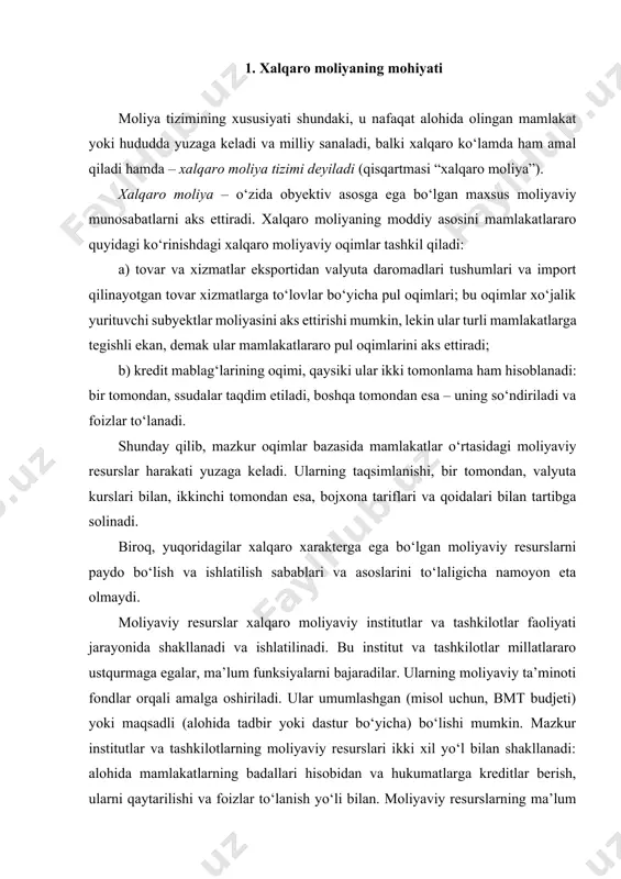 arning badallari hisobidan va hukumatlarga kreditlar berish, ularni qaytarilishi va foizlar to‘lanish yo‘li bilan. moliyaviy resurslarning ma’lum bir qismini jahon darajasida markazlashtirilishi jahon xo‘jaligi ehtiyojlarini qondiradi; bunday resurslarning iqtisodiy asoslari savdoni, kreditni rivojlanishi, mamlakatlarning turli sohalardagi xalqaro loyihalar va dasturlarni amalga oshirilishidagi ishtiroki, to‘laligicha iqtisodiy integratsiyalashuvning o‘sishi hisoblanadi. shunday qilib, xalqaro moliya – bu tarkibiy jihatdan murakkab munosabatlar tizimi bo‘lib, ular xalqaro moliya bozori institutlari va xalqaro institutlar va tashkilotlar tomonidan moliyaviy resurslarni shakllantirish, taqsimlash va ishlatishni o‘z ichiga oluvchi moliyaviy resurslar harakati asosida yuzaga keladi. xalqaro moliya munosabatlarining subyektlari: davlat, korxonalar, fuqarolar, shuningdek xalqaro tashkilotlar va moliya institutlari. xalqaro moliya munosabatlar quyidagilar o‘rtasida yuzaga kelishi mumkin: · turli mamlakatlarning xo‘jalik yurituvchi subyektlari o‘rtasida; · davlat va boshqa mamlakatlarning hukumatlari va xalqaro tashkilotlar o‘rtasida; · davlat va kotxonalar o‘rtasida, xalqaro moliyaviy institutlar bilan. xalqaro hisob-kitoblar va valyutali tartibga solish xalqaro moliyani amal qilish mexanizmi tarkibiga kiradi. hisob-kitoblar tartibi xalqaro hujjatlar …