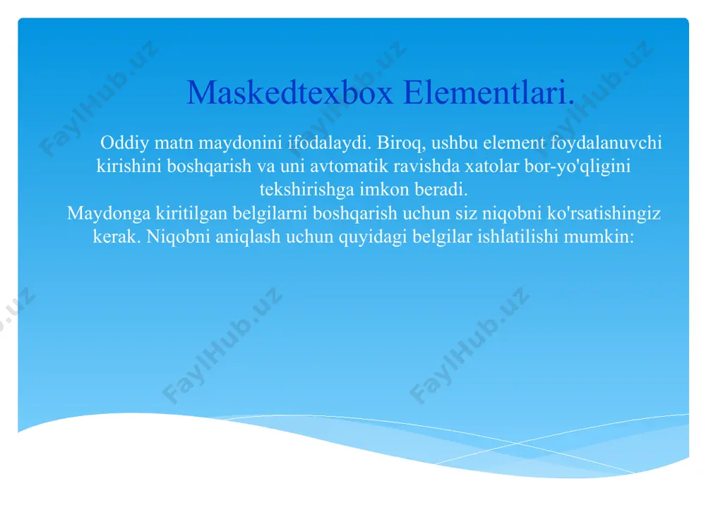 args e) { richtextbox1.text = ""; //richtextbox ni tozalash uchun ishlaydi } private void button2_click(object sender, eventargs e) { if (savefiledialog1.showdialog() == dialogresult.ok) //bu 'button2' tugmasi bosilganida richtextbox dagi // ma'lumotlarni kompyuter xotirasiga joylaydi. richtextbox1.savefile(savefiledialog1.filename); } private void button4_click(object sender, eventargs e) { if (openfiledialog1.showdialog() == dialogresult.ok) richtextbox1.loadfile(openfiledialog1.filename); //bu tugma yordamida kompyuter xotirasidagi ma'lumotlarni richtextbox ga chiqarib beradi. private void button3_click(object sender, eventargs e) { maskedtextbox1.text = ""; maskedtextbox2.text = ""; maskedtextbox3.text = ""; maskedtextbox4.text = ""; maskedtextbox5.text = ""; //bu tugma yordamida maskedtextbox dagi yozuvlarni o'chiramiz. } }} etiboringiz uchun rahmat